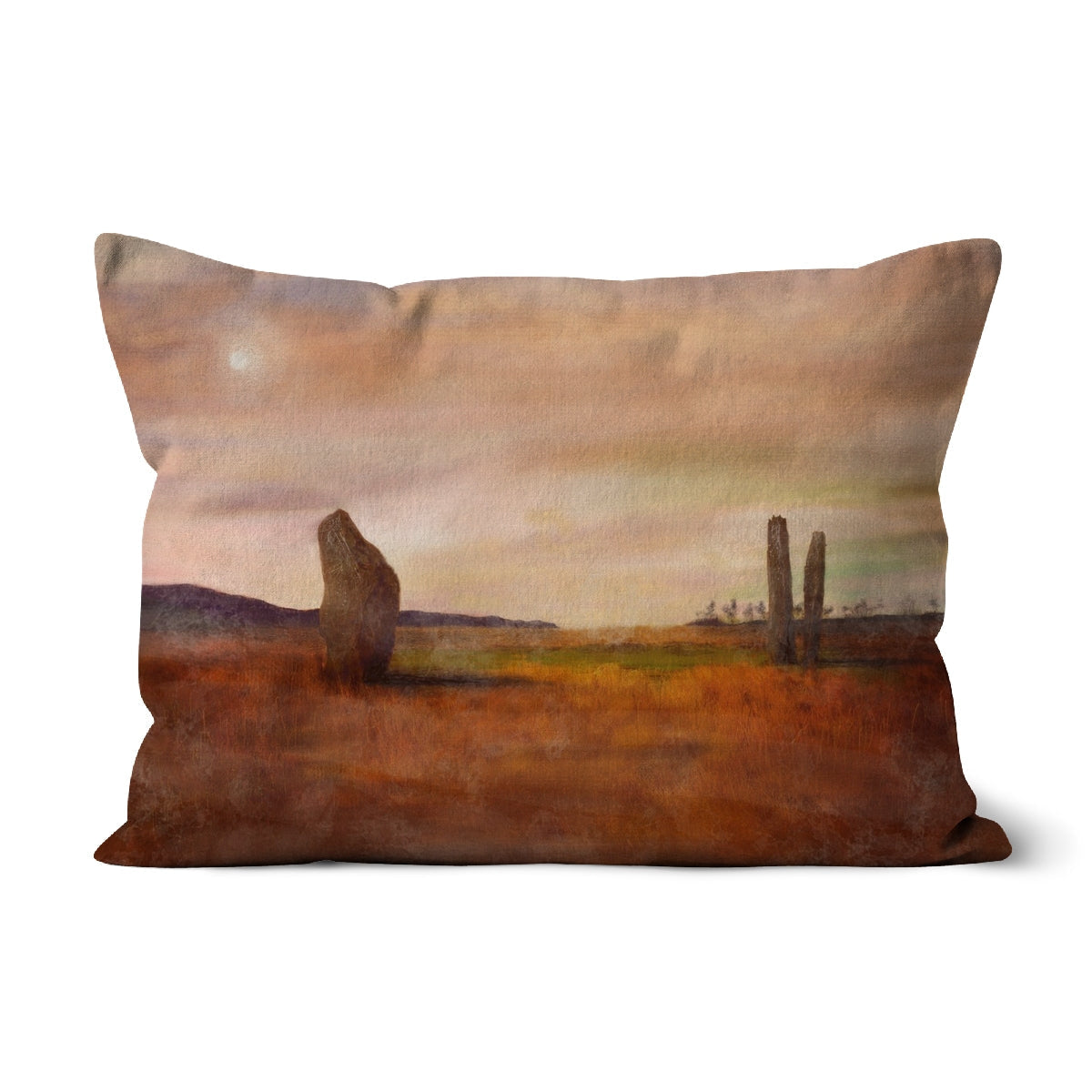 Moonlit Machrie Moor rectangular cushion with watercolor standing stones landscape in earthy tones