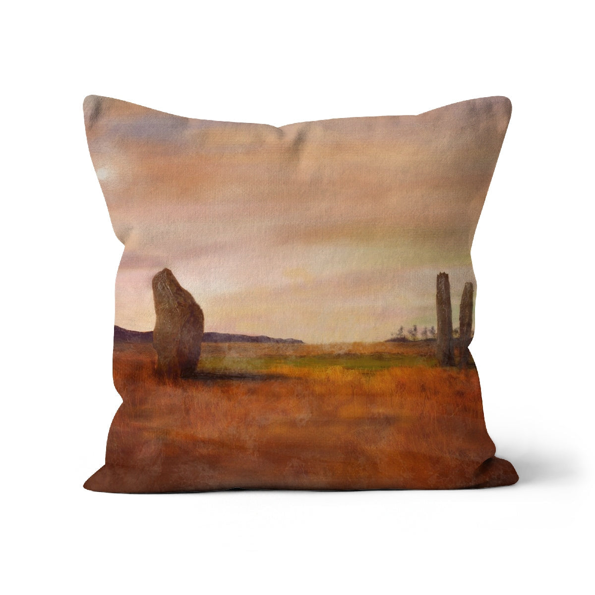 Square Machrie Moor throw pillow with painted standing stones under warm sky