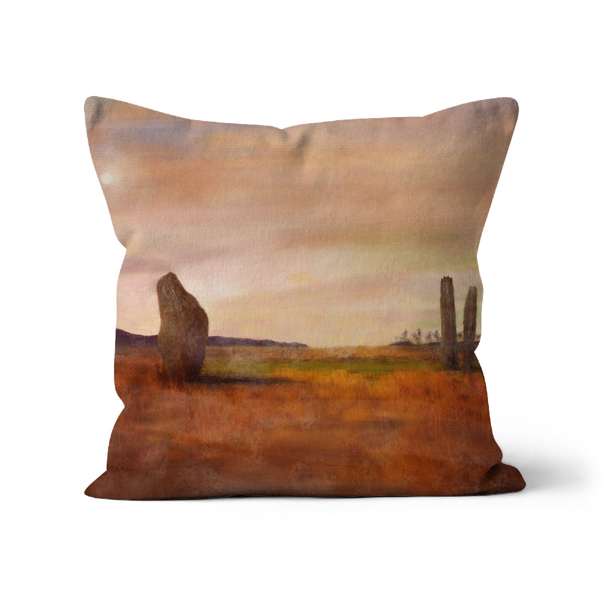 Square Machrie Moor throw pillow with painted standing stones under warm sky