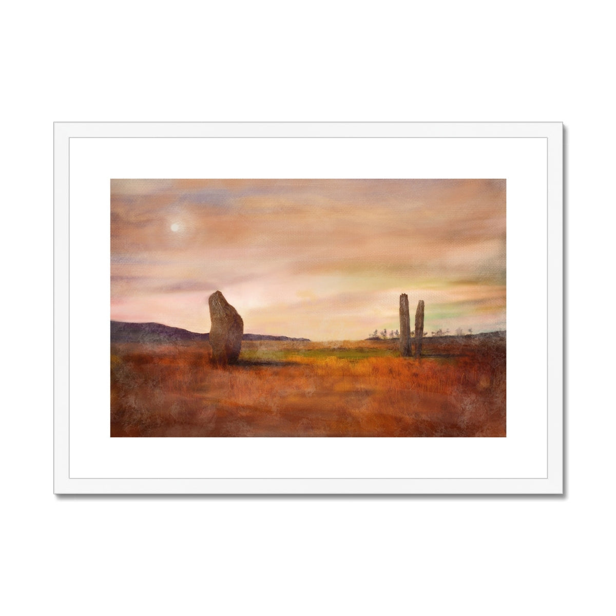 White framed watercolor print of Moonlit Machrie Moor with abstract stone structures