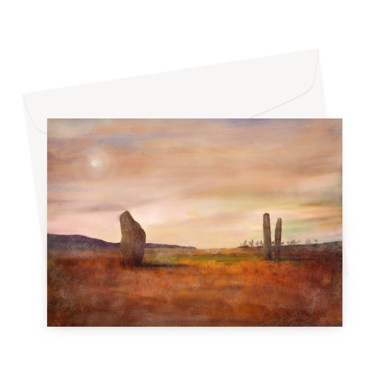 Moonlit Machrie Moor greeting card with ancient standing stones under warm sky