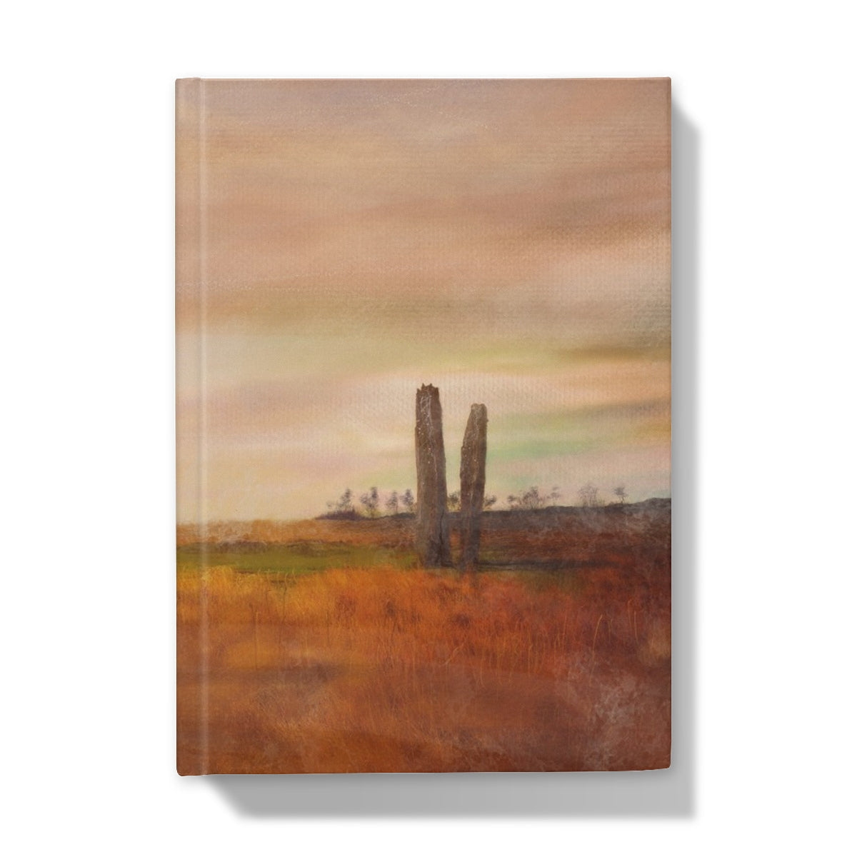 Moonlit Machrie Moor journal with minimalist stone pillars landscape