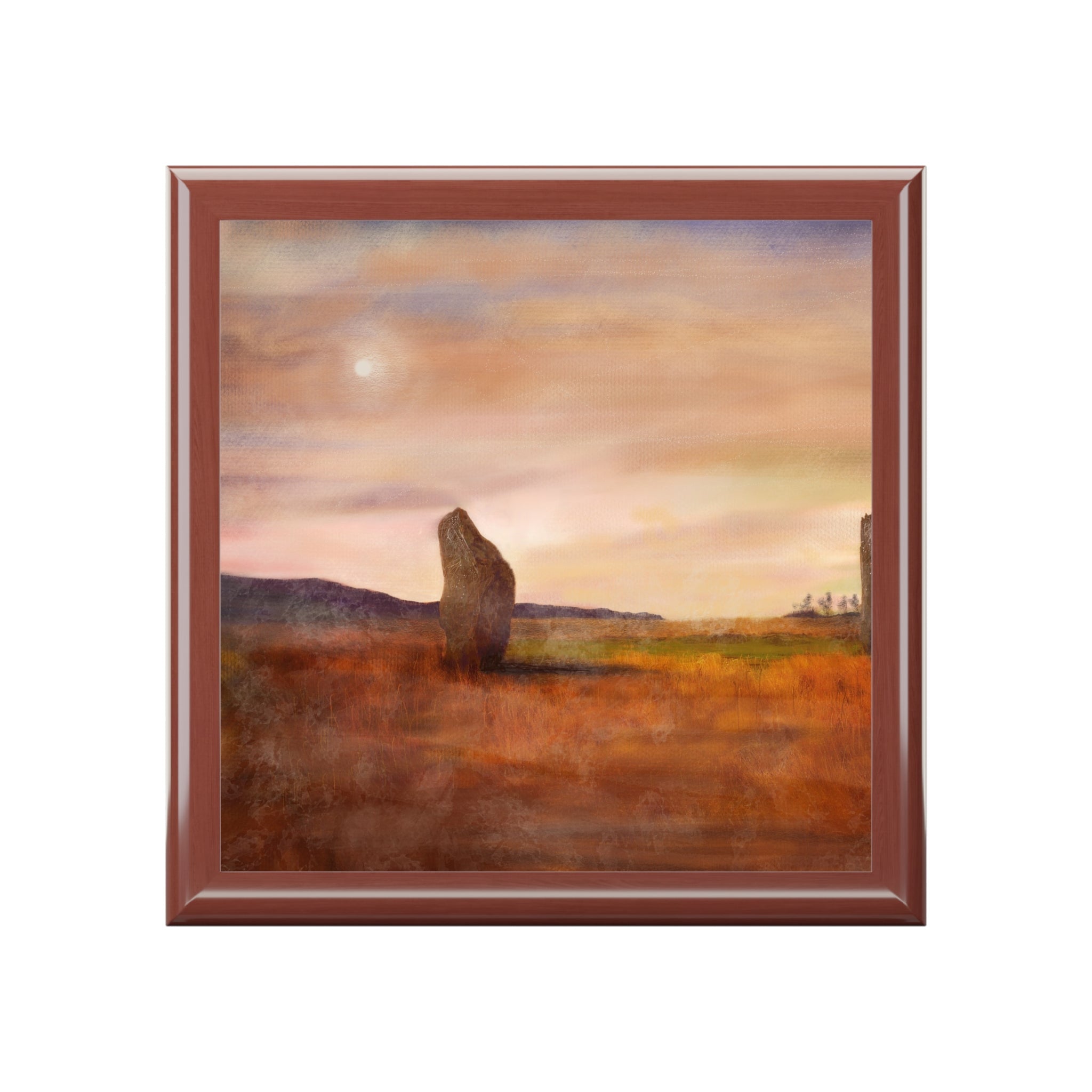 Solitary standing stone in autumnal field, moonlit Machrie Moor, Scotland