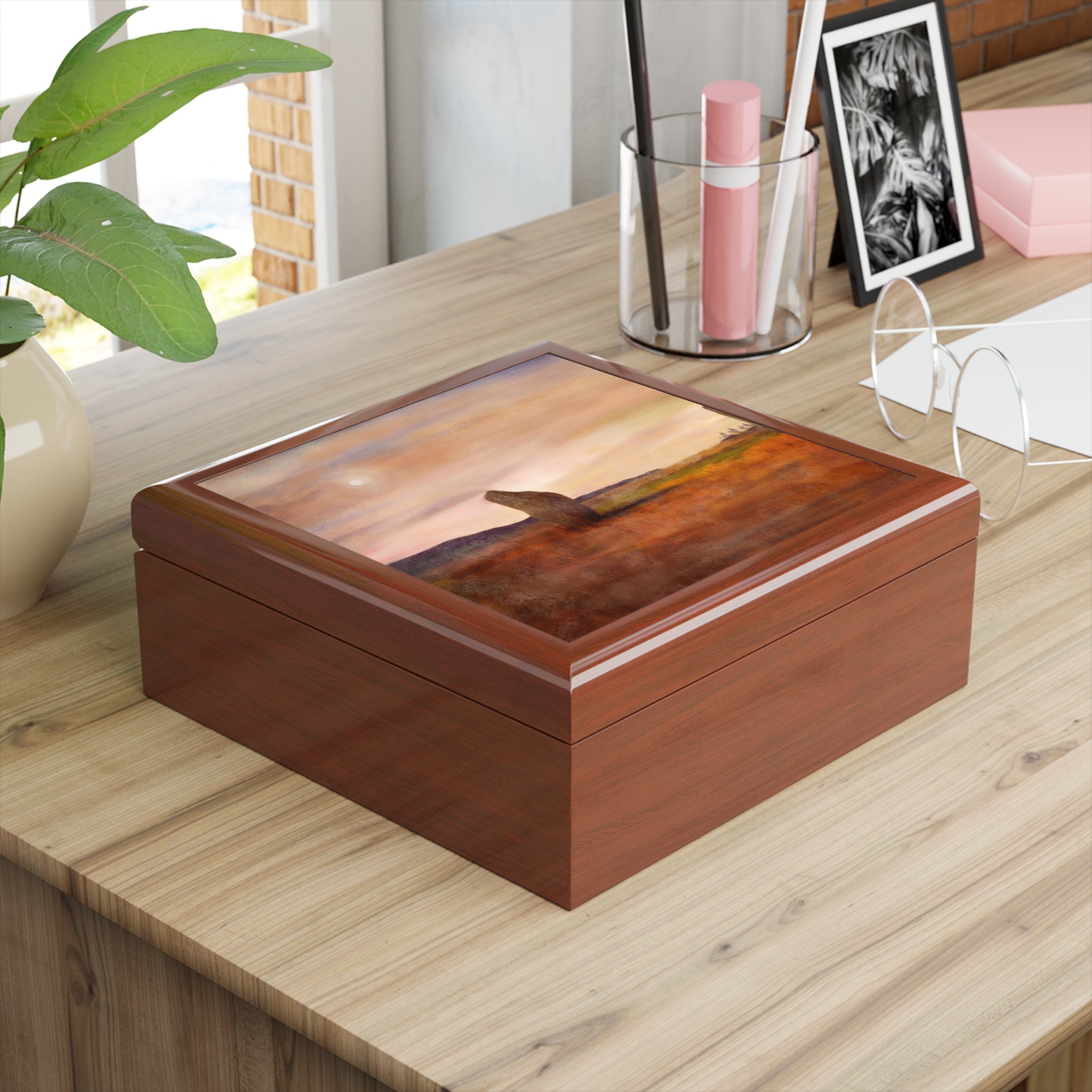 Moonlit Machrie Moor jewelry box with polished wood and landscape lid
