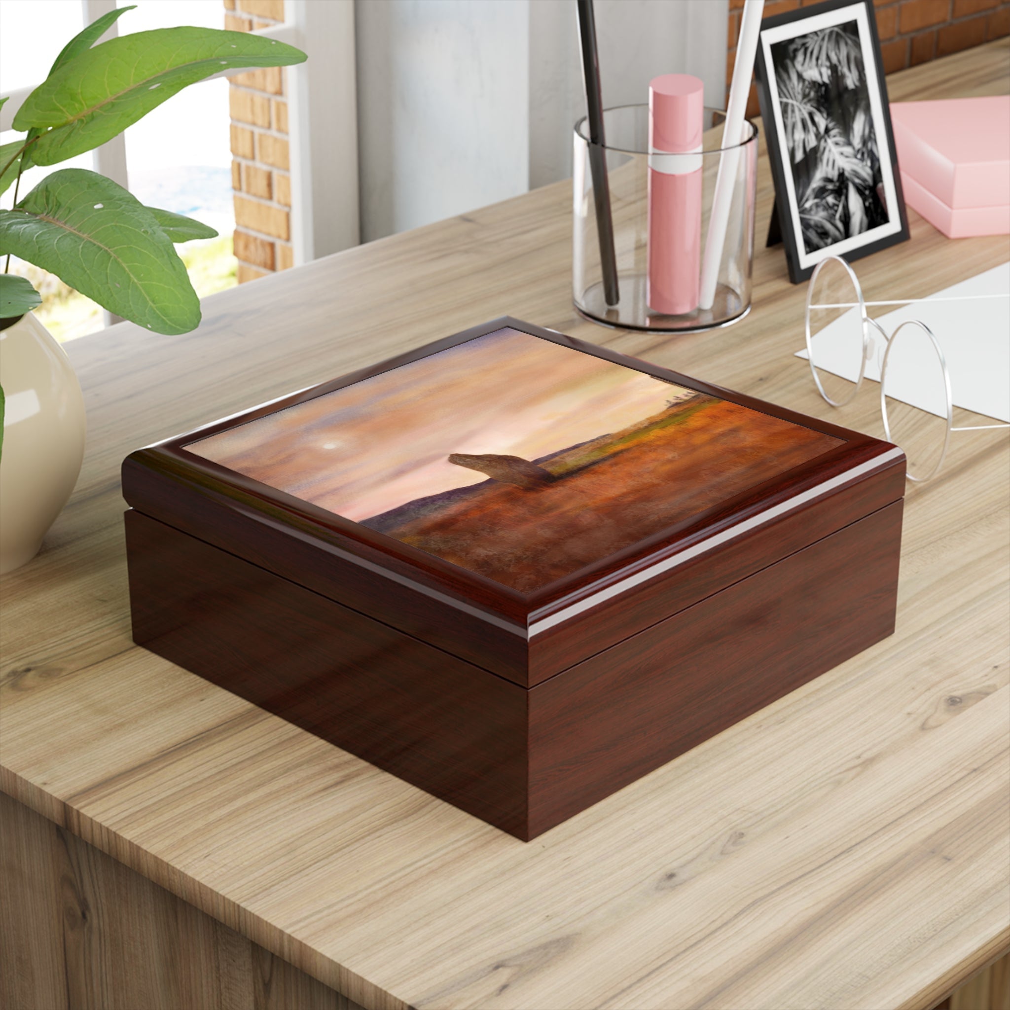 Moonlit Machrie Moor landscape print on glossy dark brown wooden jewelry box from Scotland