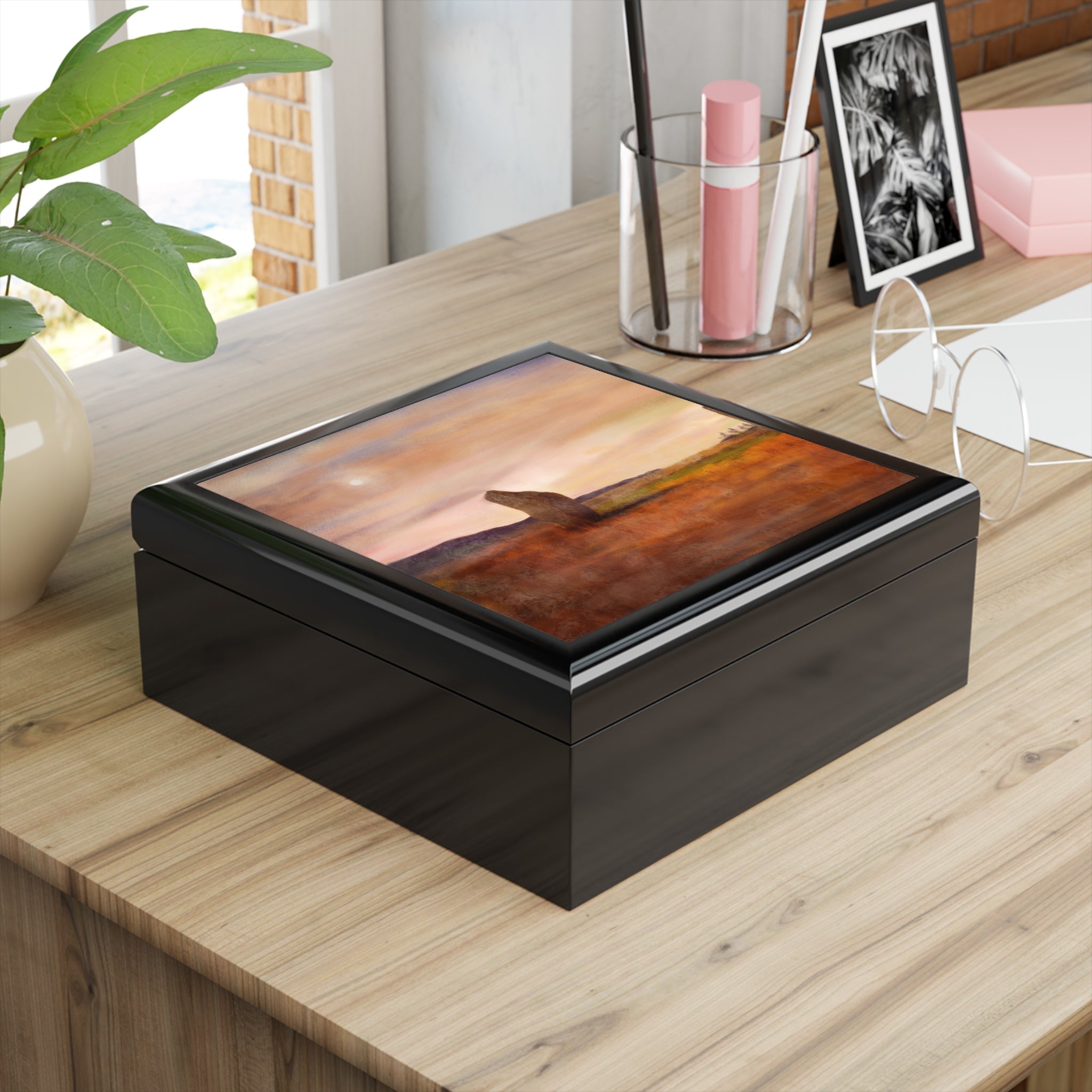 Black rectangular glossy jewellery box with Moonlit Machrie Moor landscape lid