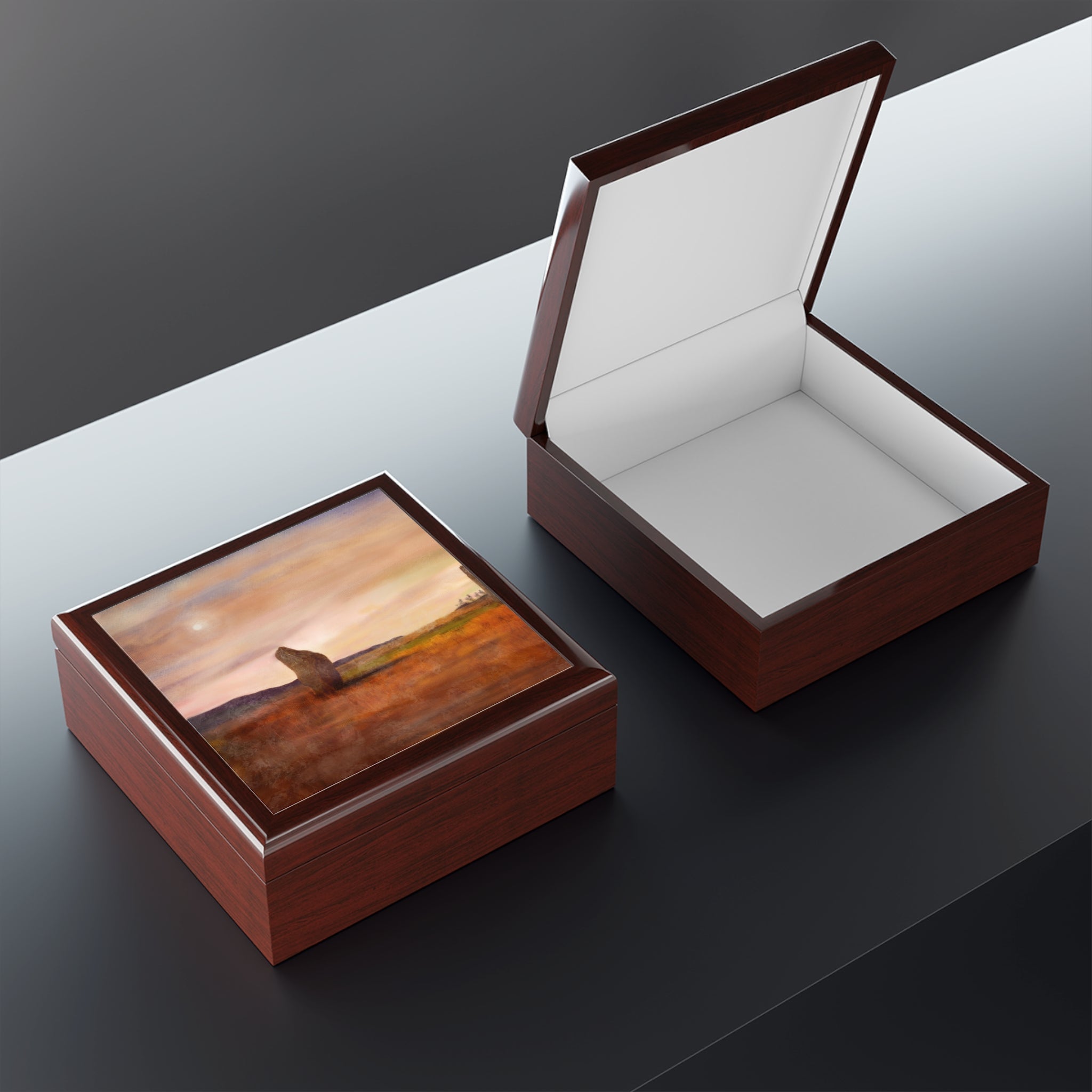 Moonlit Machrie Moor jewelry box with glossy wooden finish and painted Scottish landscape lid
