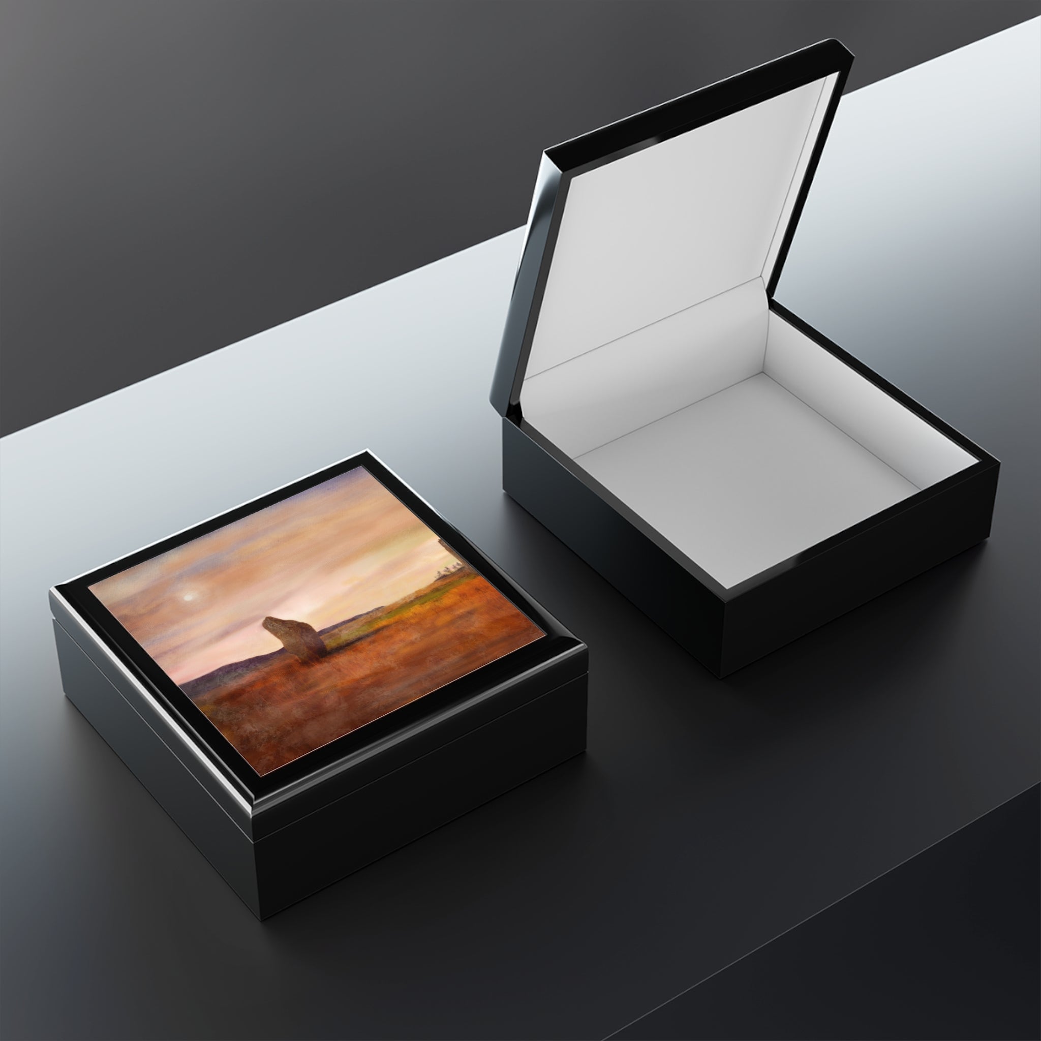 Moonlit Machrie Moor jewelry box with glossy black finish and artistic landscape lid