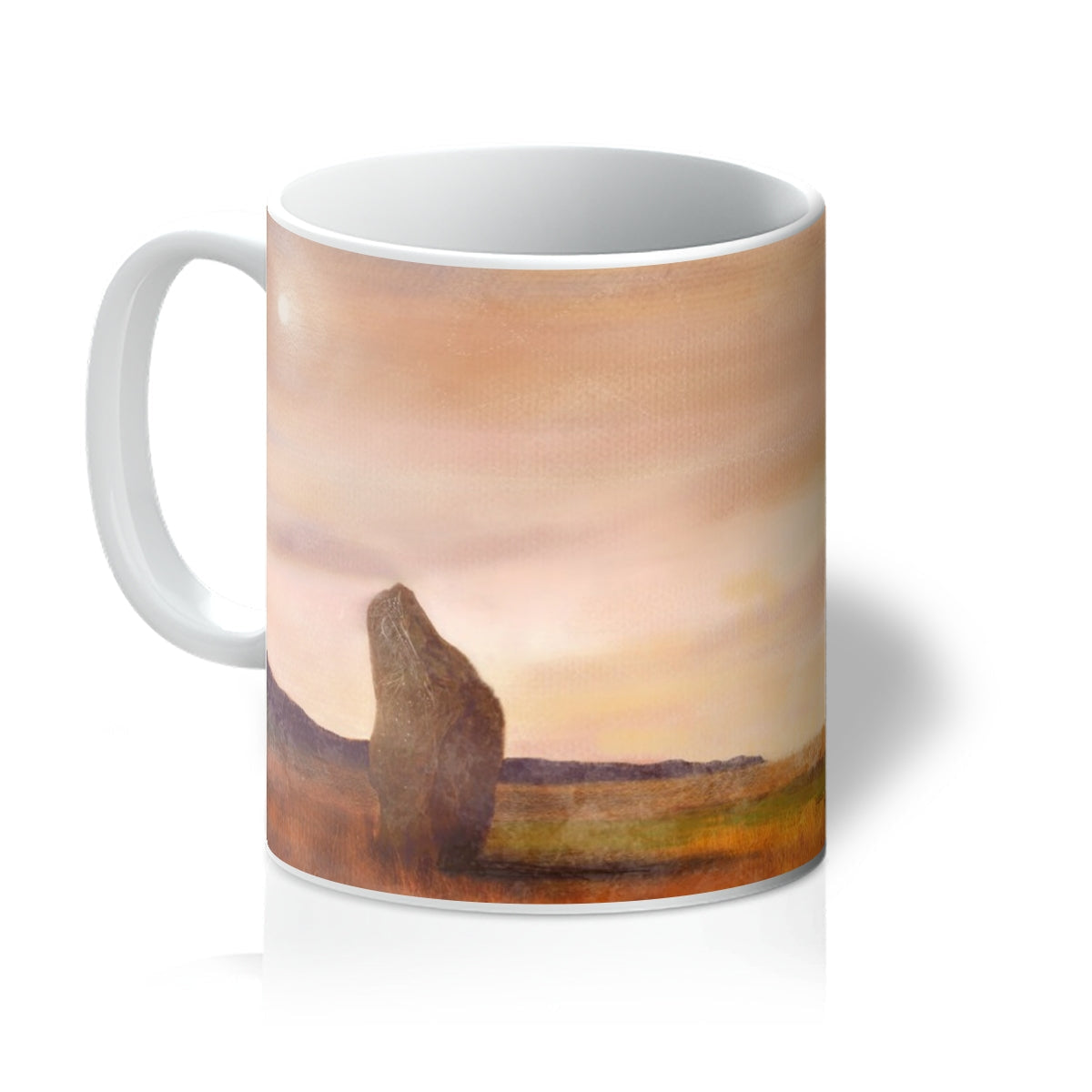 White ceramic A Moonlit Machrie Moor Mug with standing stone sunset scene