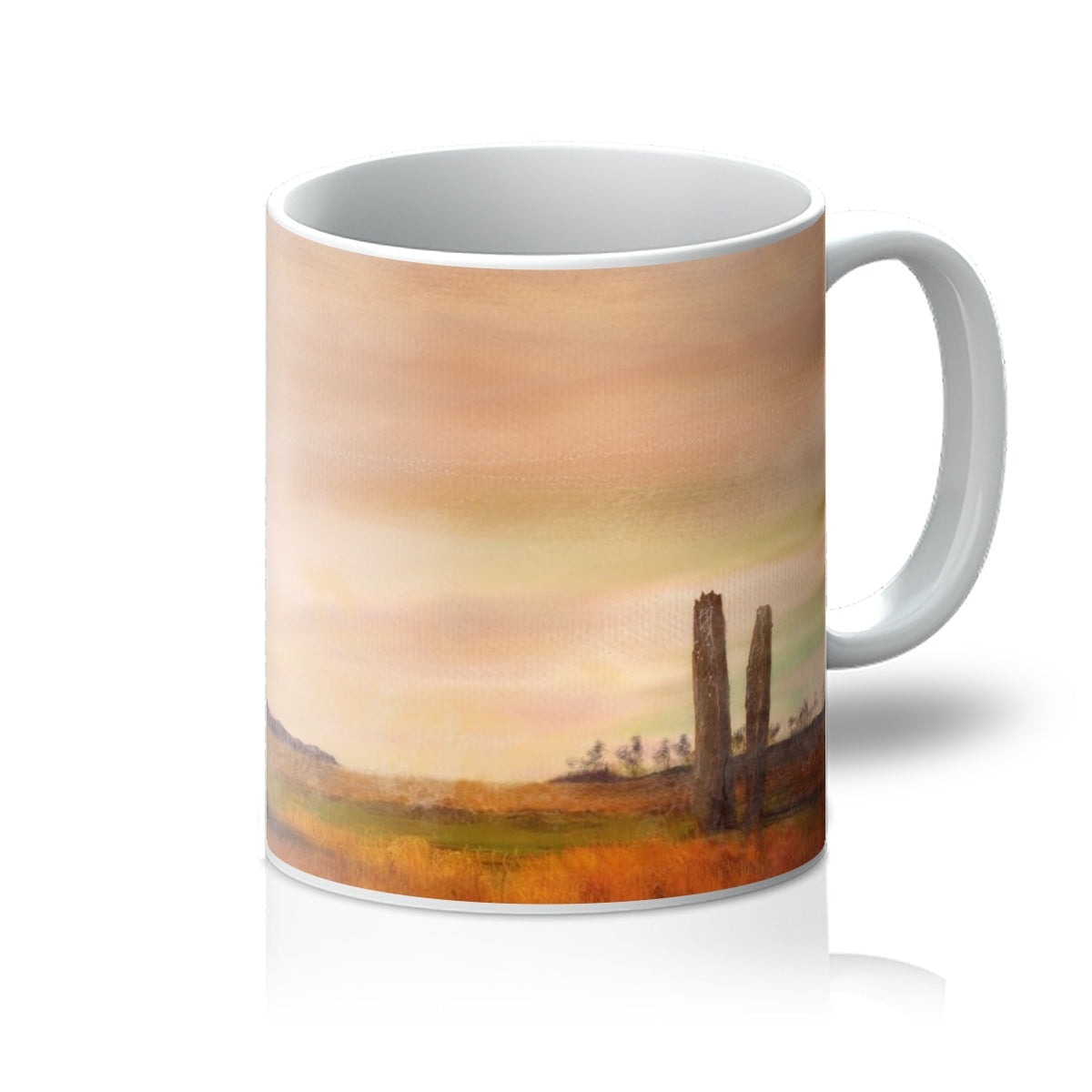 Moonlit Machrie Moor mug with painted landscape of orange skies and green fields