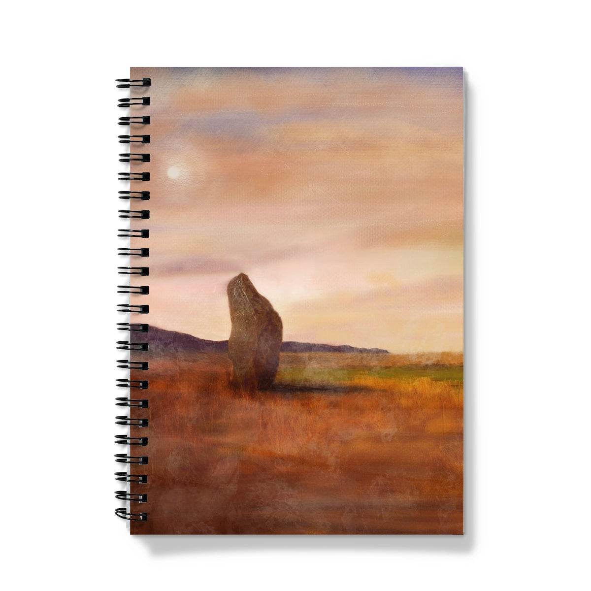 Moonlit Machrie Moor notebook with painted standing stone sunset cover