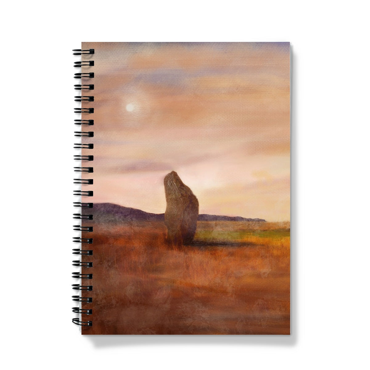 Moonlit Machrie Moor spiral notebook with painted standing stone cover