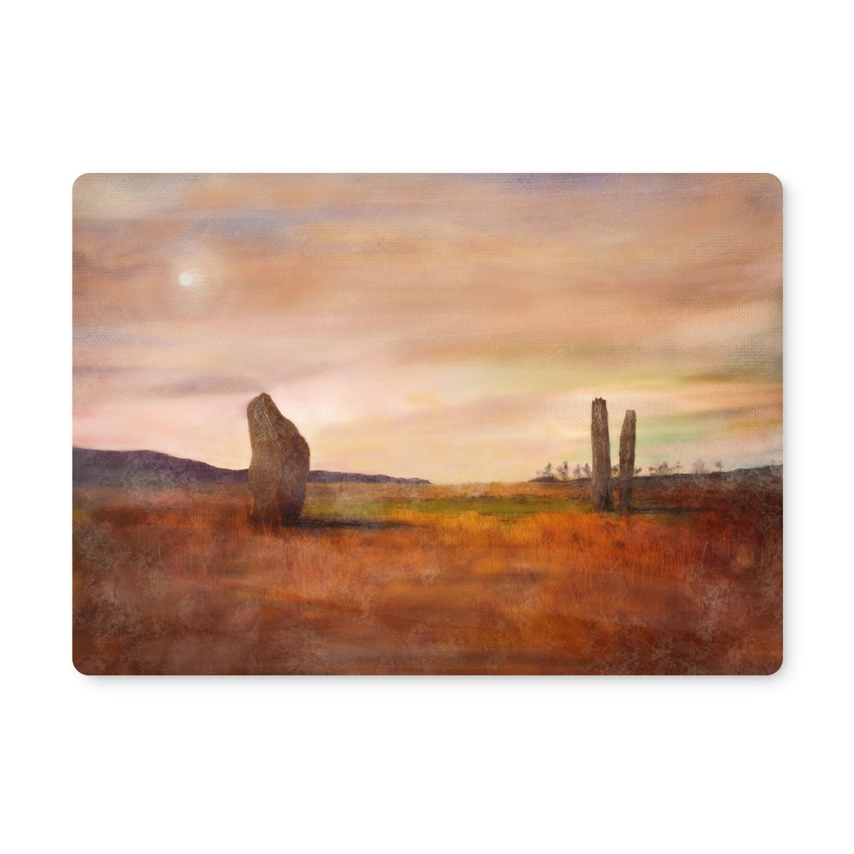 Watercolor standing stones on golden Machrie Moor field under pastel sky