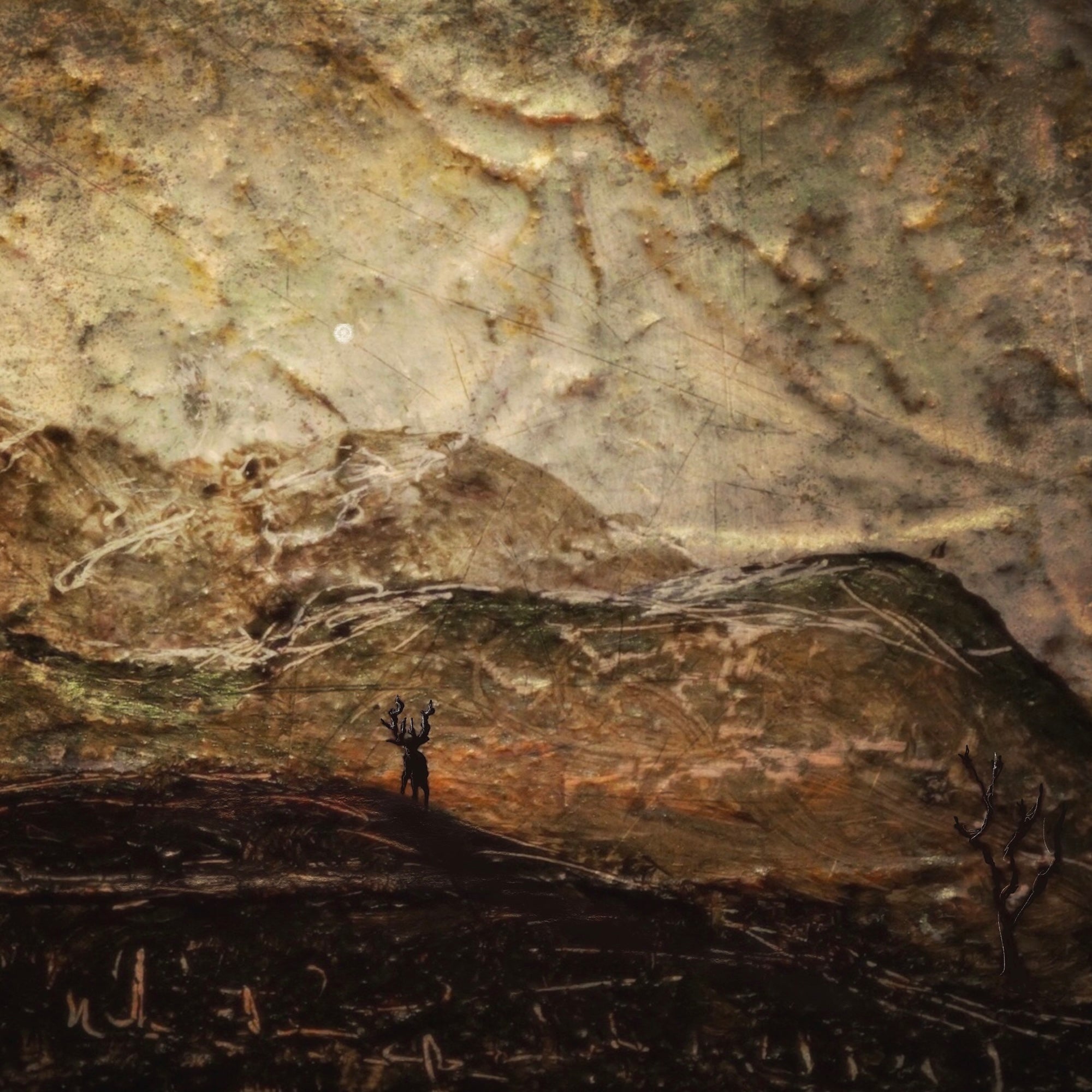 Moonlit silhouette of Scottish stag with antlers in rocky cave