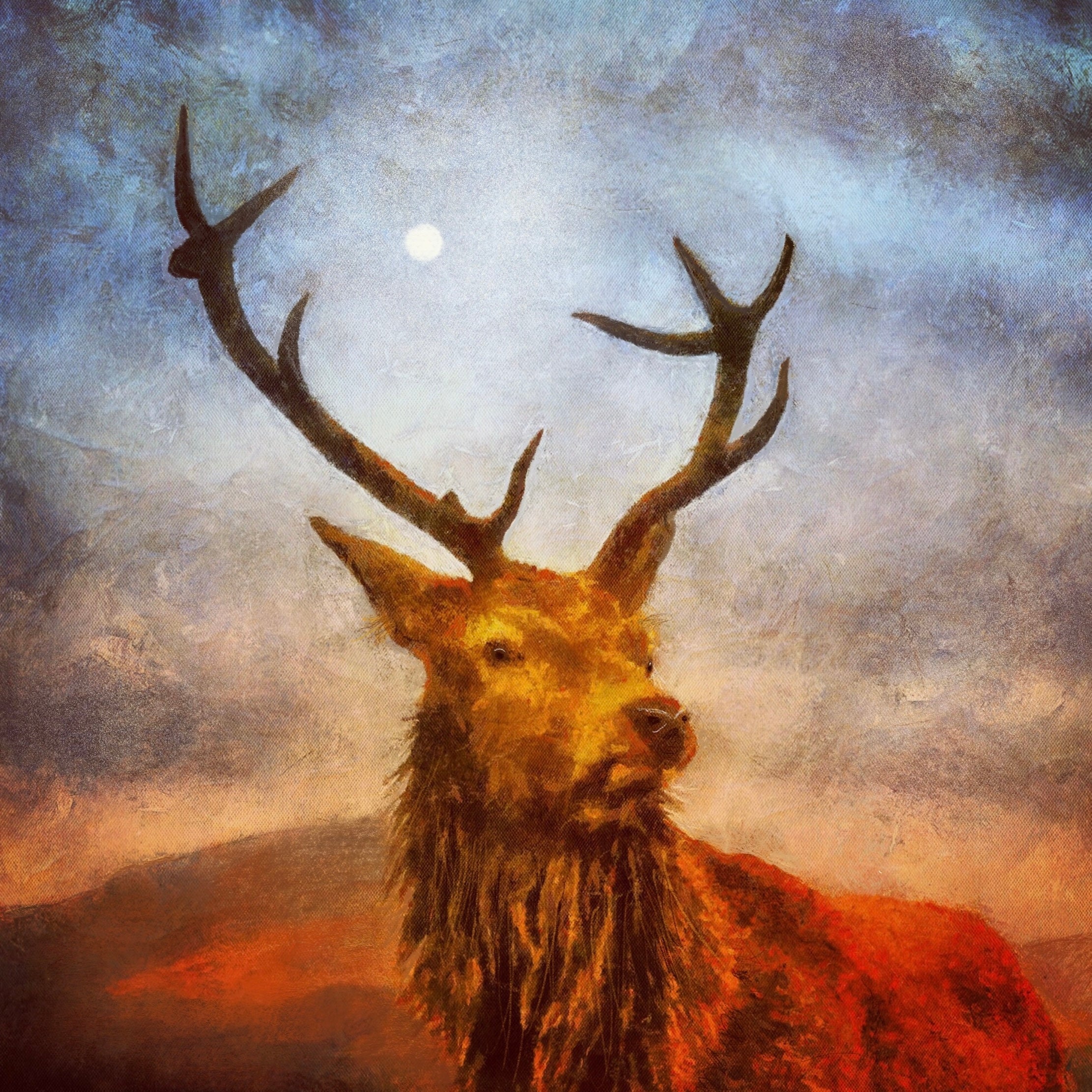 Red deer stag with impressive antlers in painterly style for A Moonlit Stag Scotland In Your Pocket