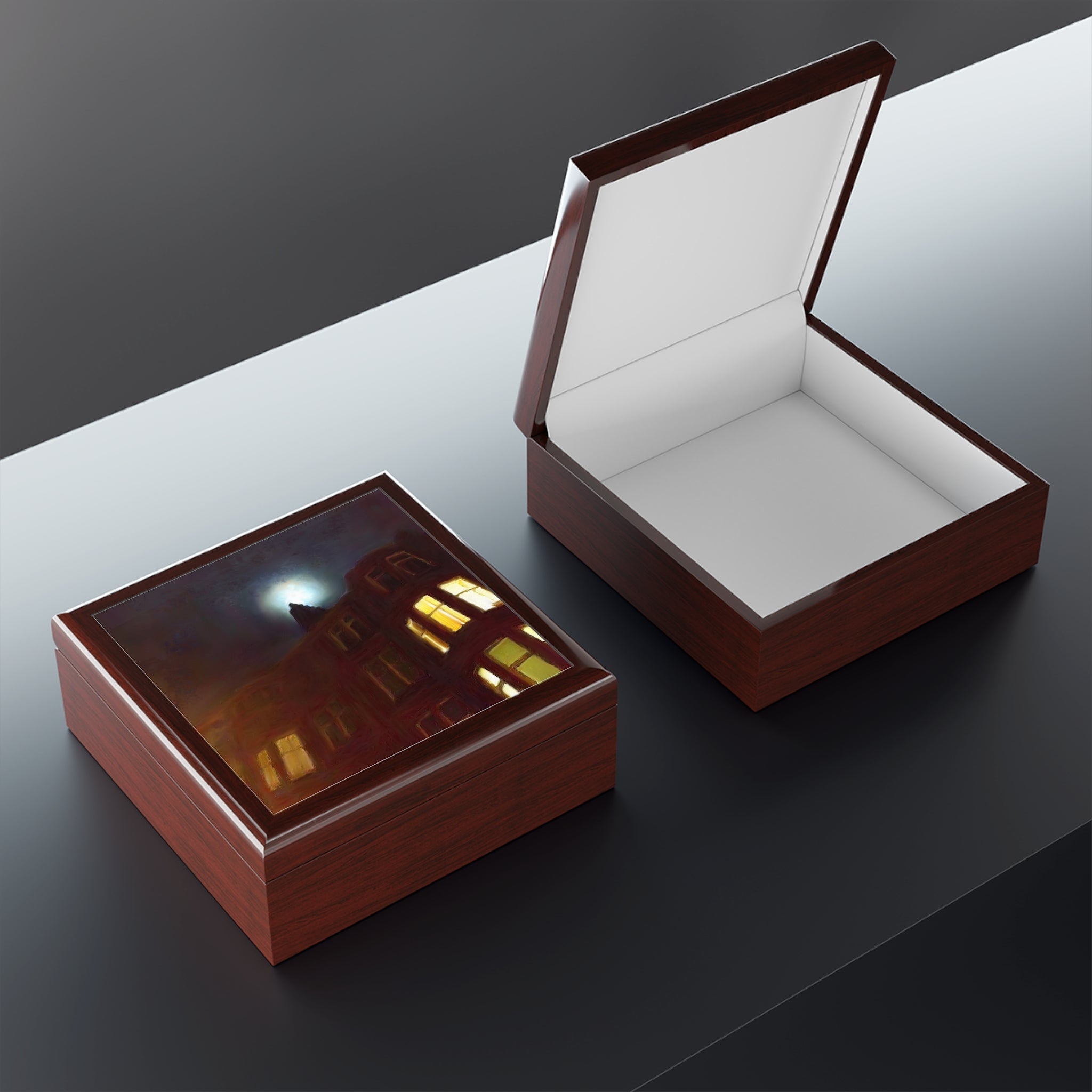 Wooden keepsake boxes with reflective top and white interior for storing jewelry and mementos