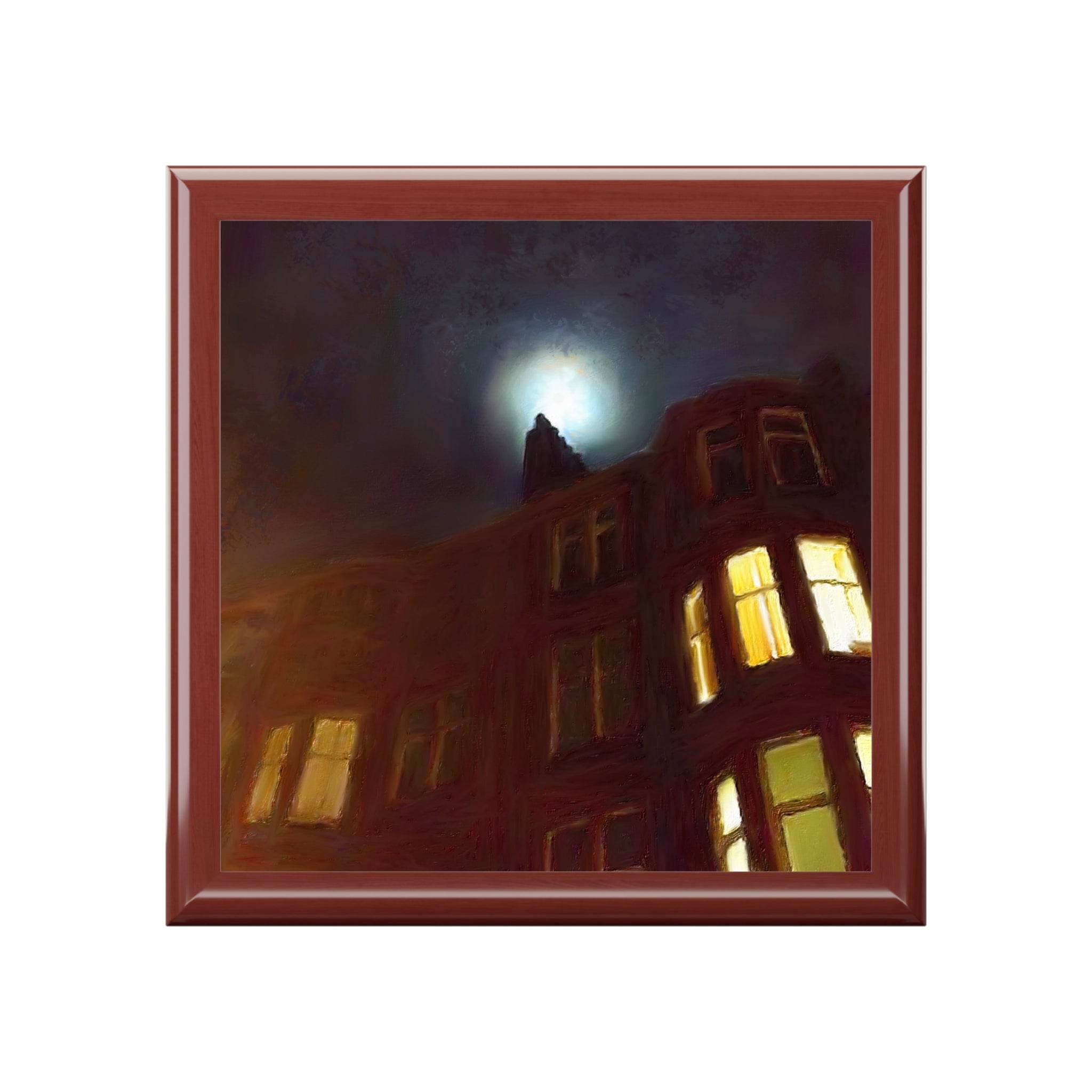 Framed painting of a moonlit building with glowing windows on the Scotland Art Jewellery Box