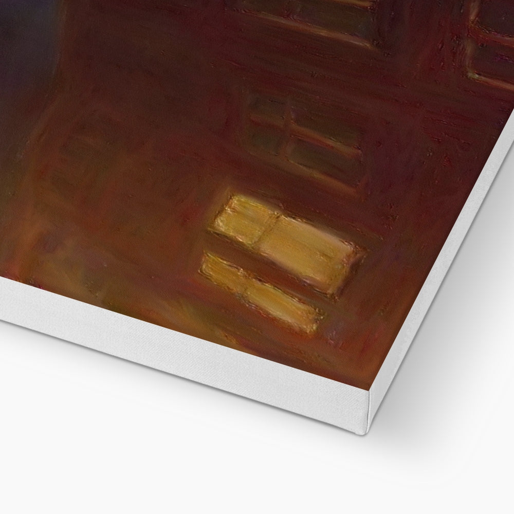 A Moonlit Tenement Canvas featuring a rich dark brown and golden abstract painting