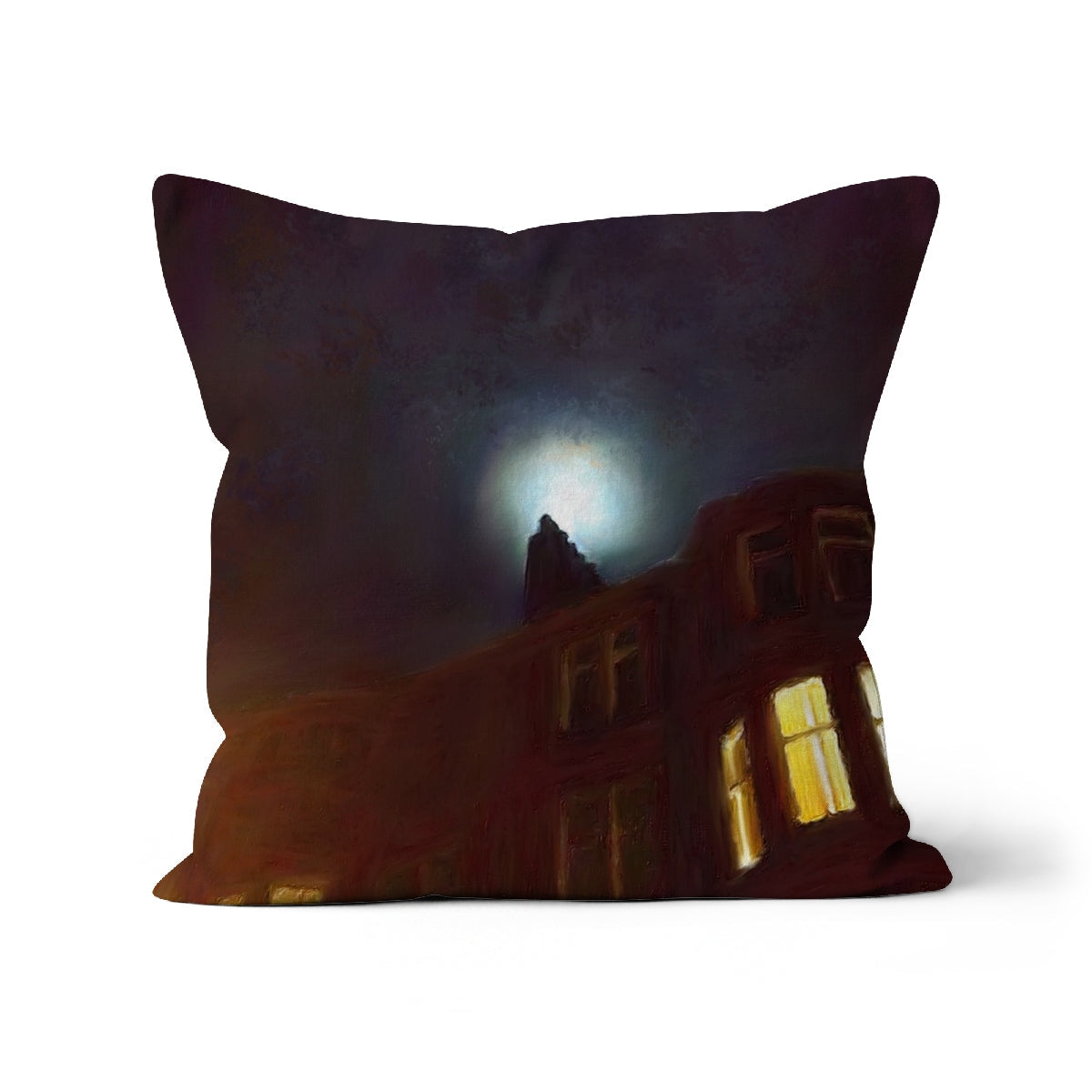 Dark pillow featuring a full moon and a glowing tenement building design