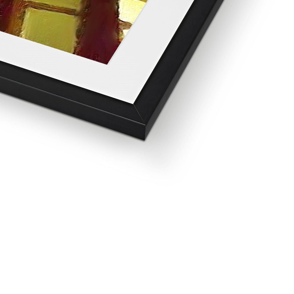 Black framed picture with a white mat showcasing vibrant textured abstract artwork for A Moonlit Tenement Print