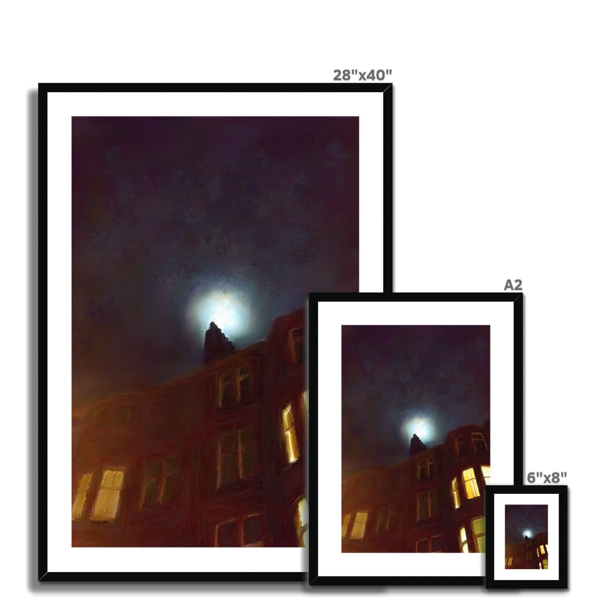 Three framed prints depicting a moonlit night scene over a tenement building