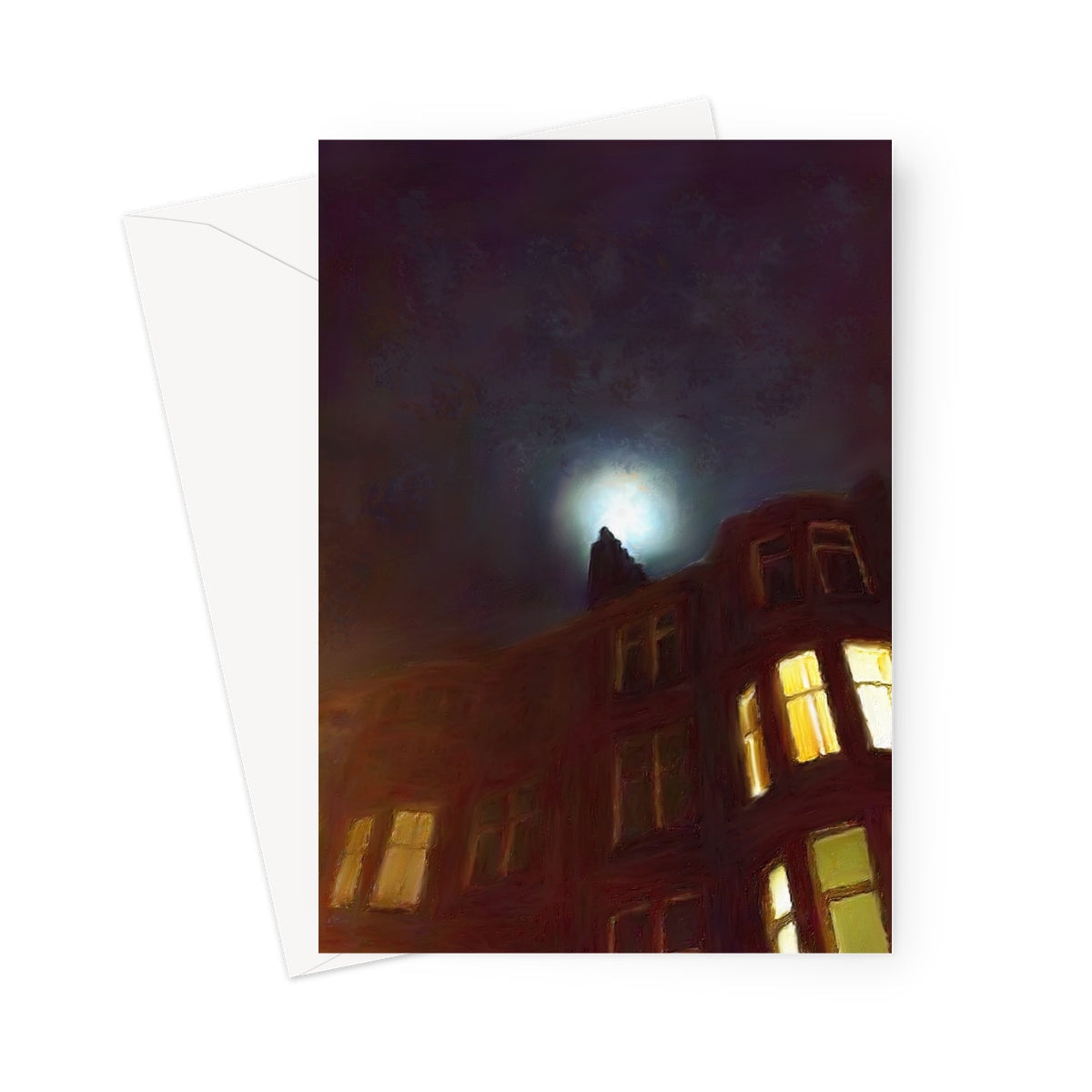 Moonlit cityscape greeting card with full moon and lit windows