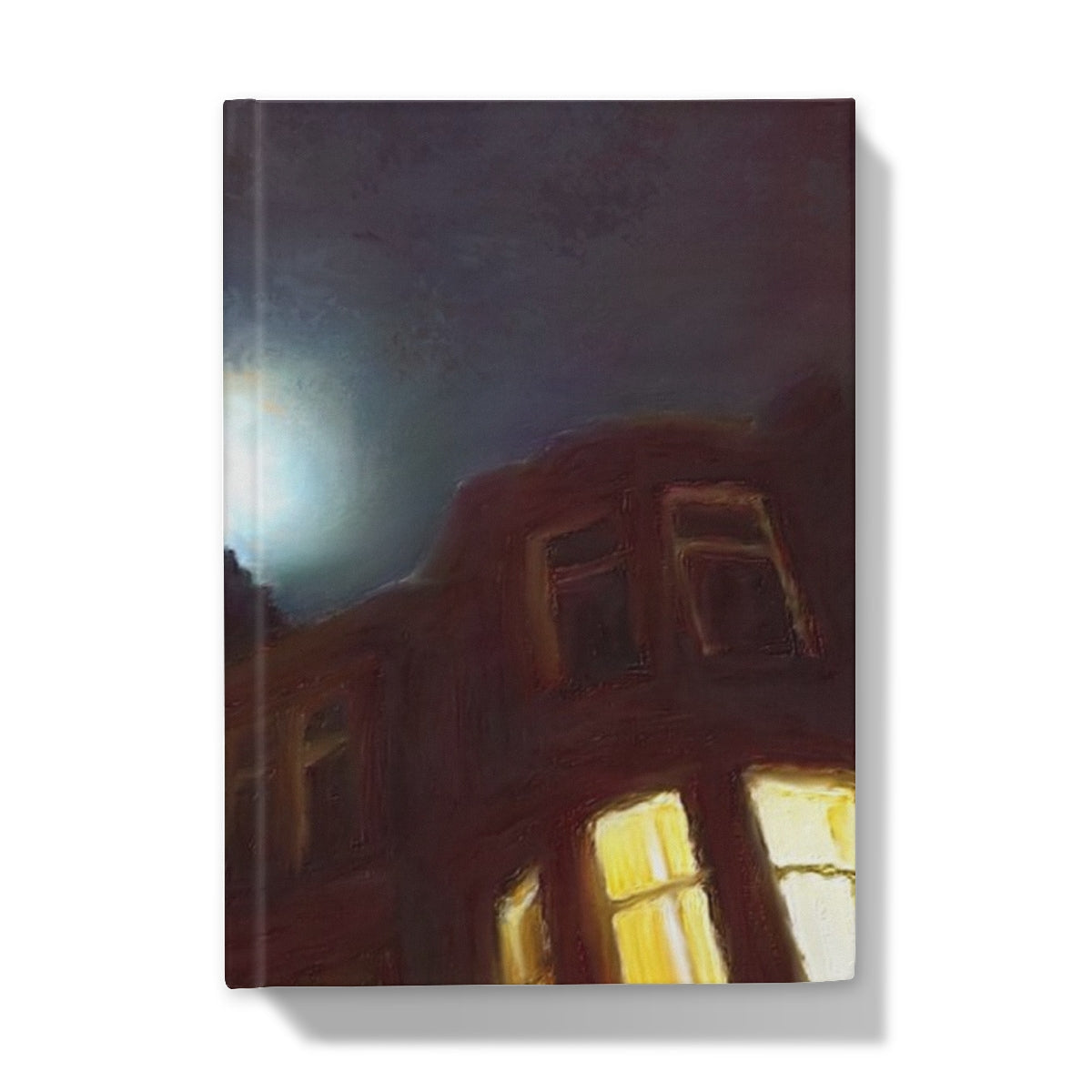 Dark-toned journal with impressionistic moonlit building painting and glowing windows