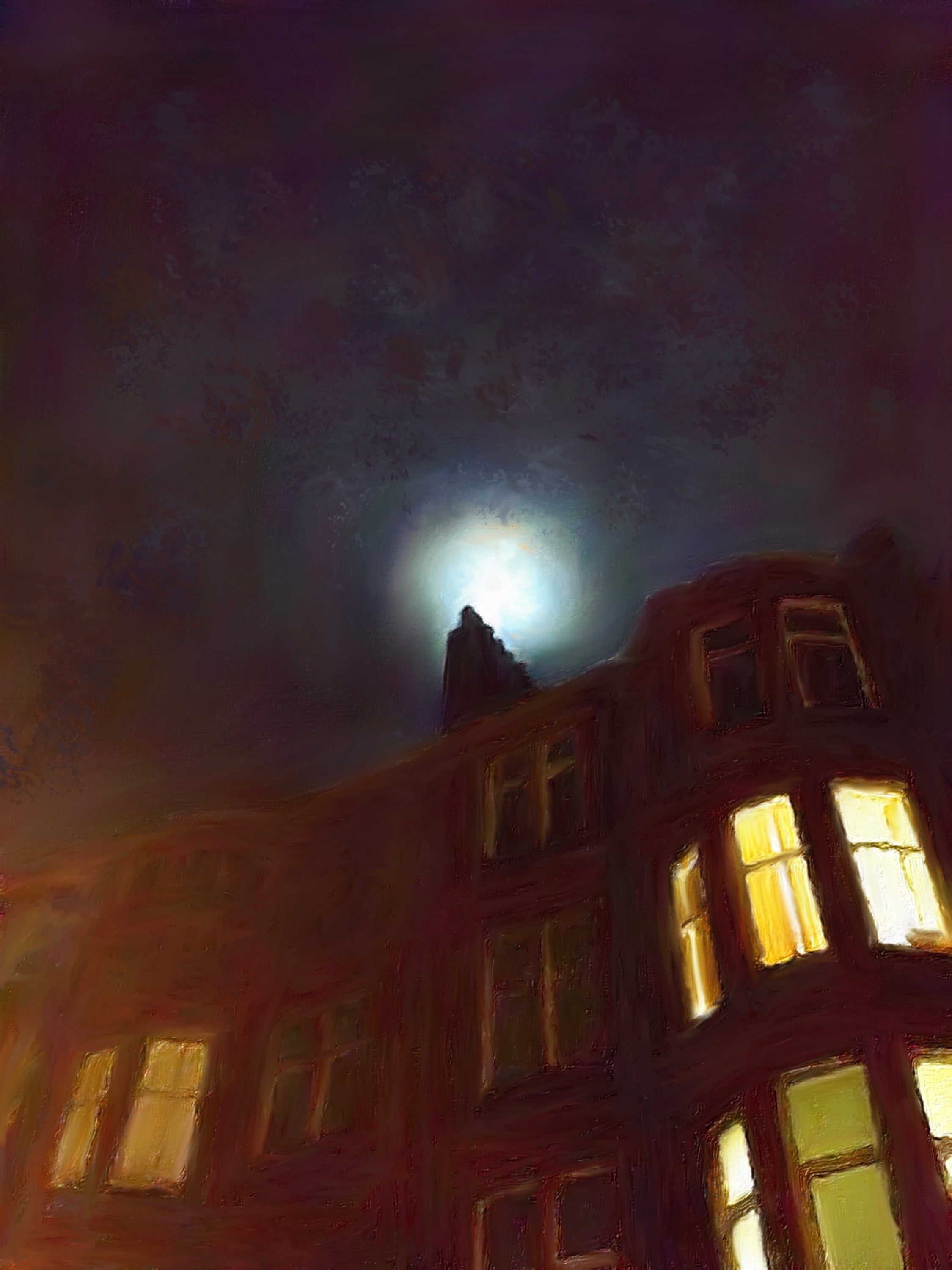 Illuminated building under a bright Moon in a Moonlit Tenement Original Painting