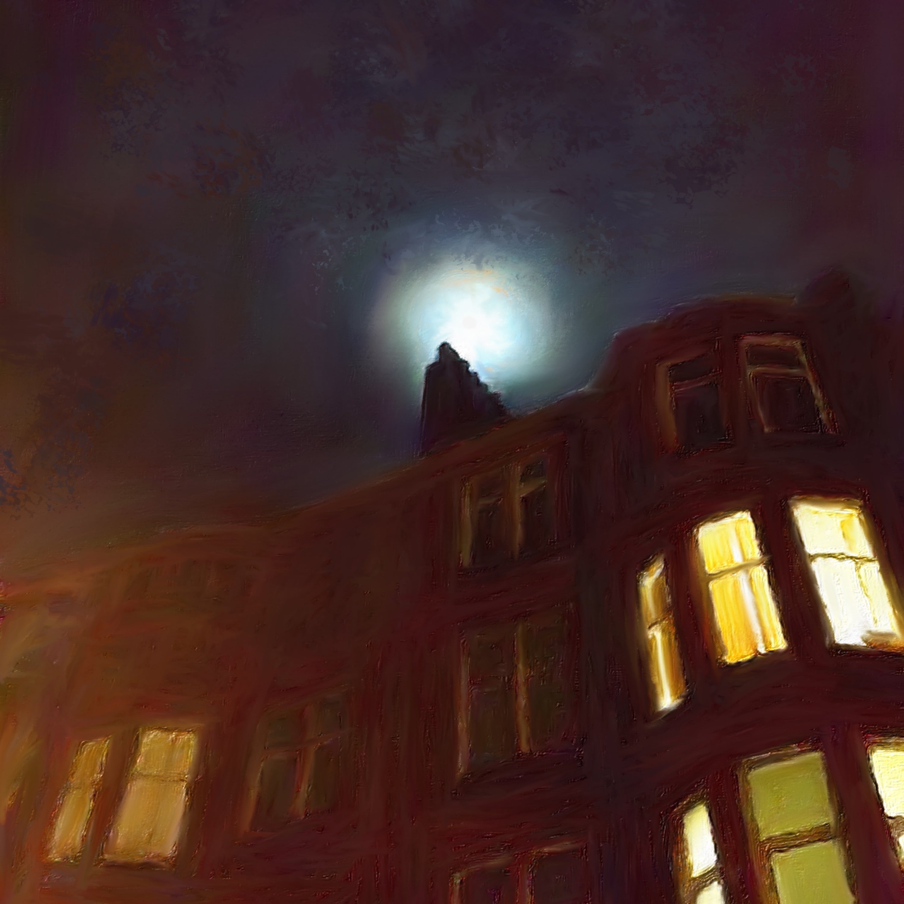 Moonlit tenement building with illuminated windows under a bright moon in Scotland