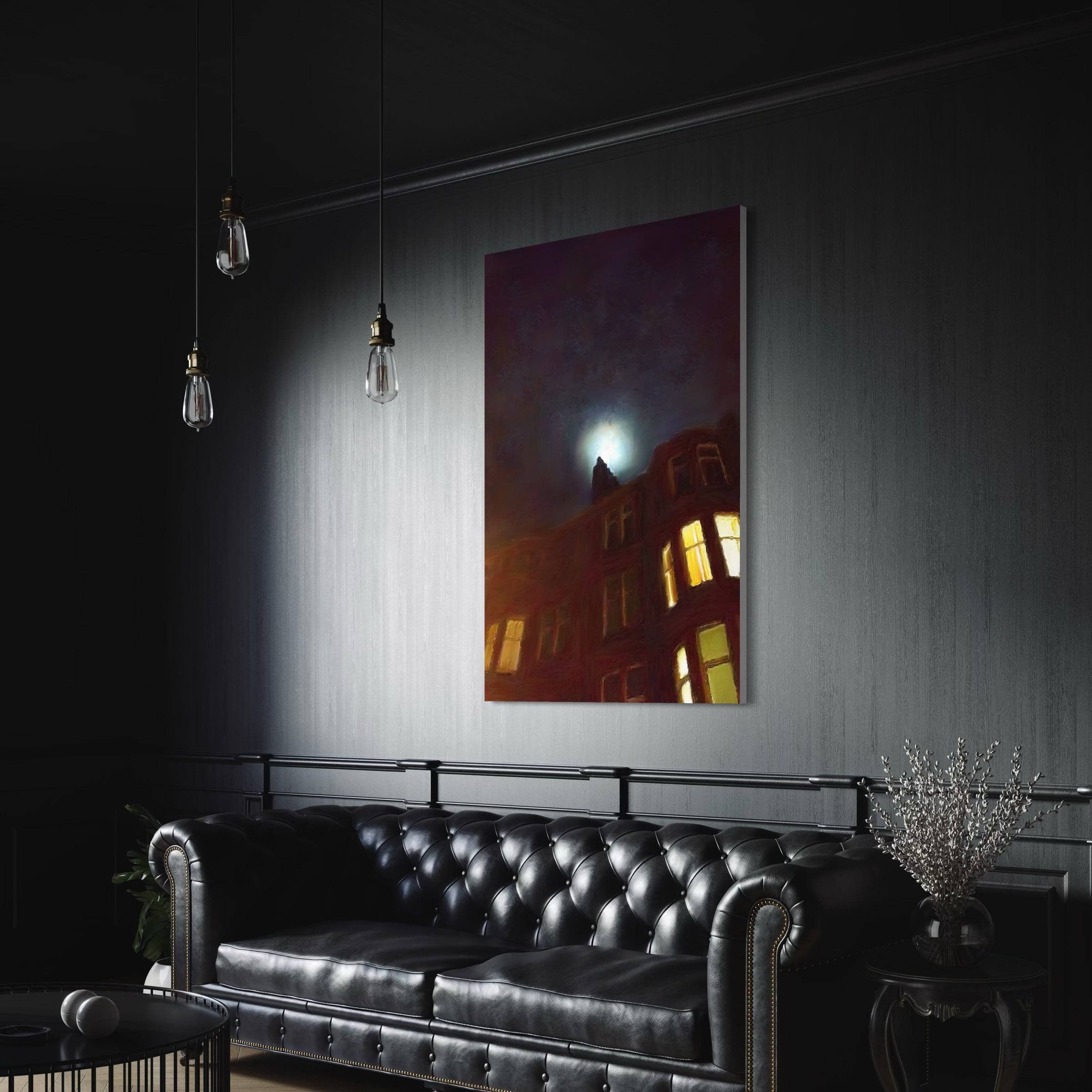 Black tufted leather Chesterfield sofa from A Moonlit Tenement Scottish wall art display