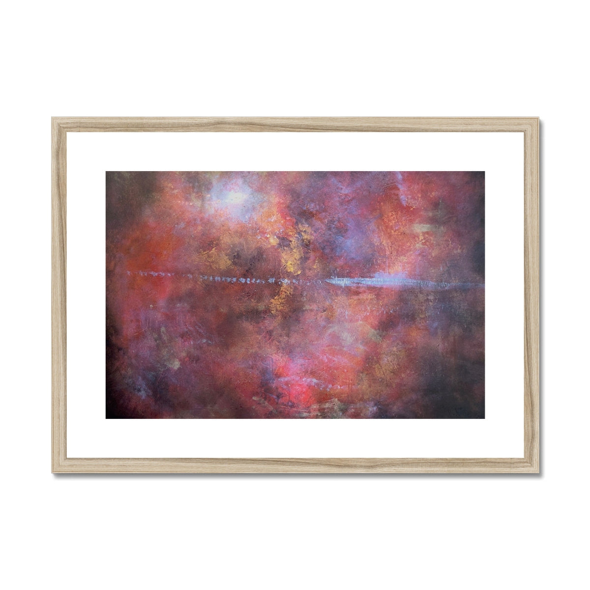 Vibrant red purple abstract wooden-framed cosmic art print Moonset Horizon