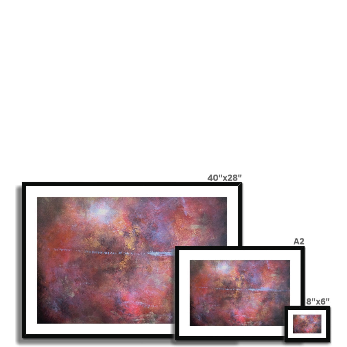 40x28 inch framed Moonset Horizon abstract painting with vibrant reds, oranges, purples on textured background