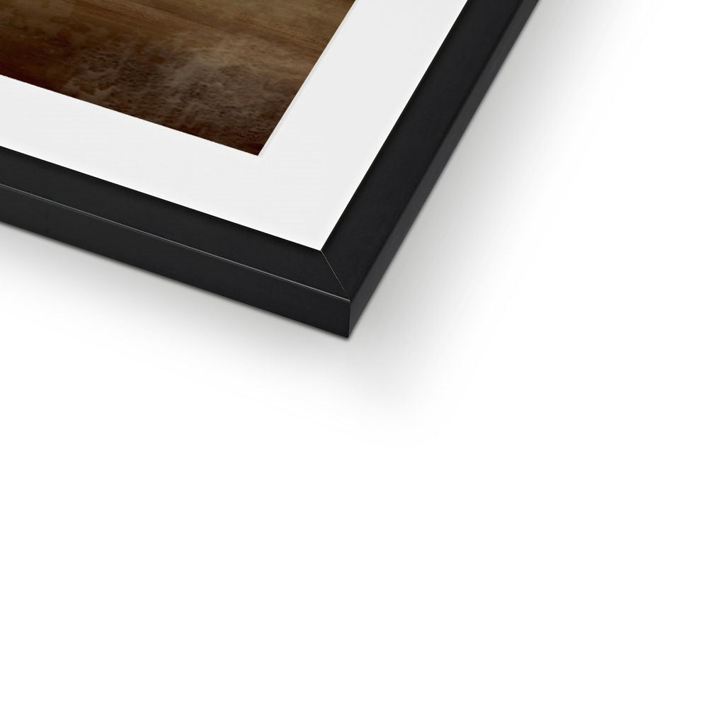 Mull Mist framed print in black matte frame with white mat and brown artwork
