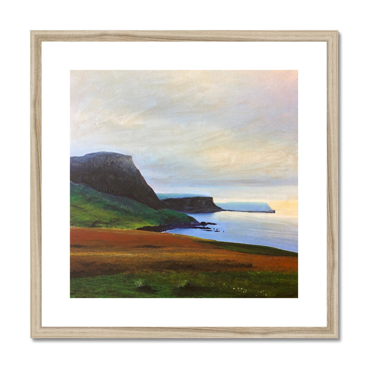 Neist Point Cliffs wooden-framed art print of green hills and blue ocean