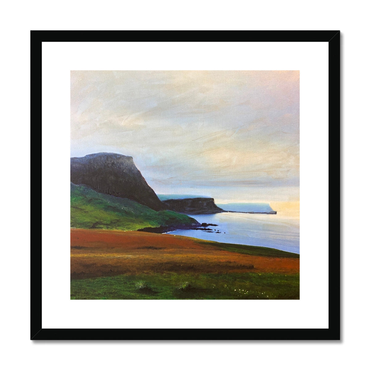 Neist Point Cliffs art print: black-framed coastal landscape with green hills and blue water