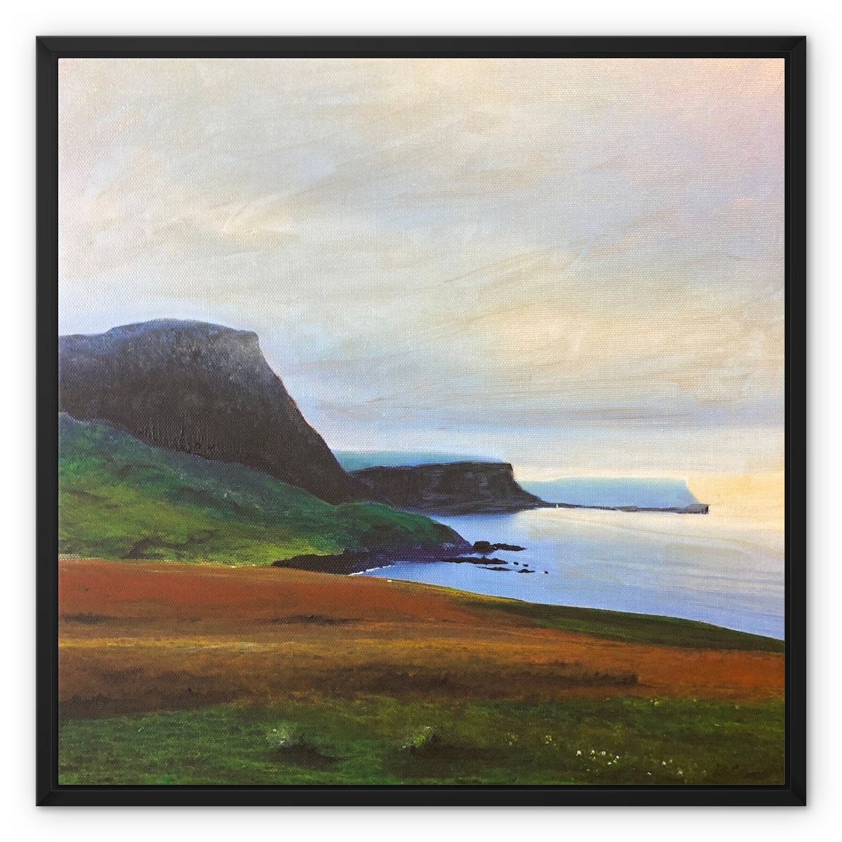 Neist Point Cliffs Skye Painting | Framed Canvas From Scotland-Floating Framed Canvas Prints-Skye Art Gallery-24"x24"-Black Frame-Paintings, Prints, Homeware, Art Gifts From Scotland By Scottish Artist Kevin Hunter
