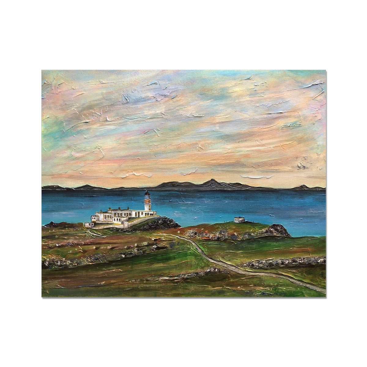 Textured oil painting of Neist Point Lighthouse Skye coastal landscape with sea and sky