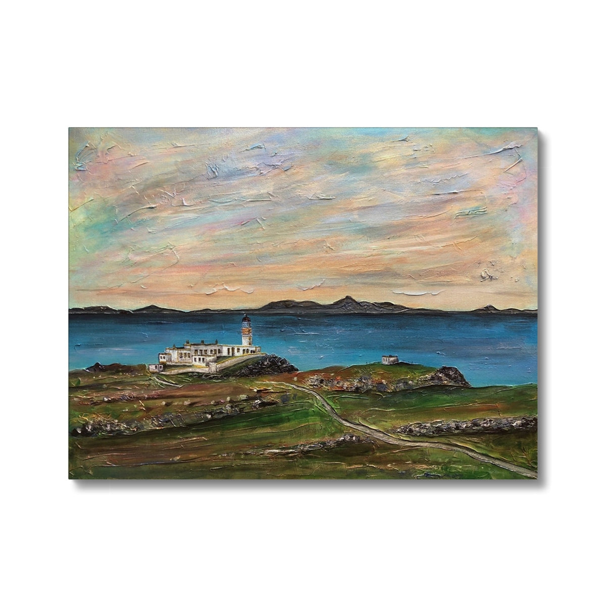 Oil painting of Neist Point Lighthouse on Skye coastline displayed on canvas