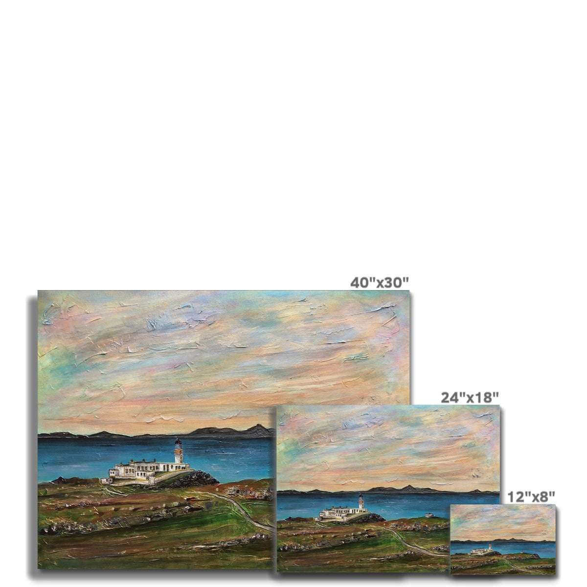 Multiple paintings of a coastal lighthouse landscape on the Neist Point Lighthouse Skye Canvas