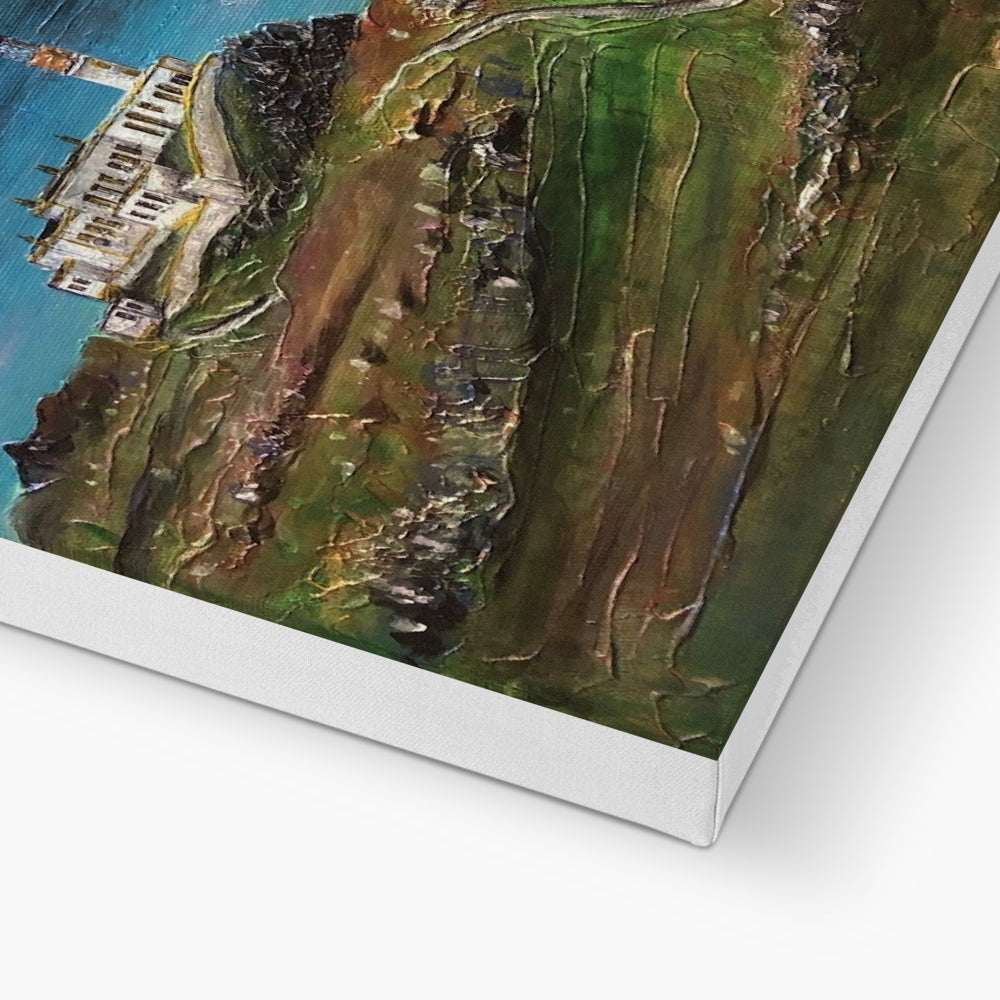 Textured landscape painting of a body of water and buildings on Neist Point Lighthouse Skye Canvas