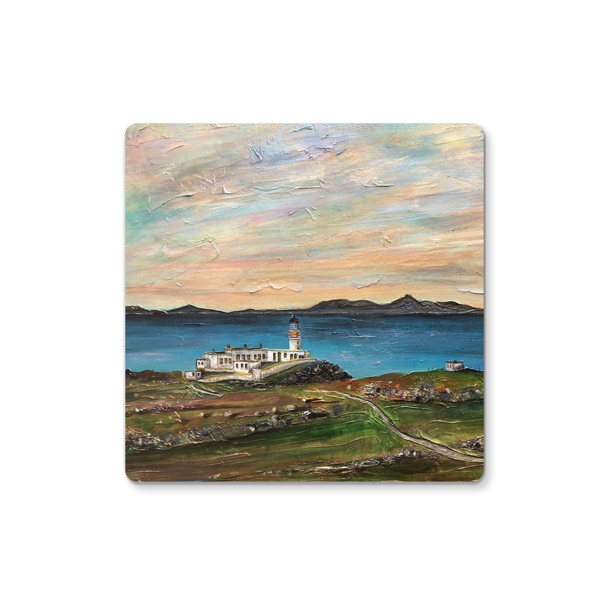 Painting of Neist Point Lighthouse on rocky coast under textured sky for Skye Coaster
