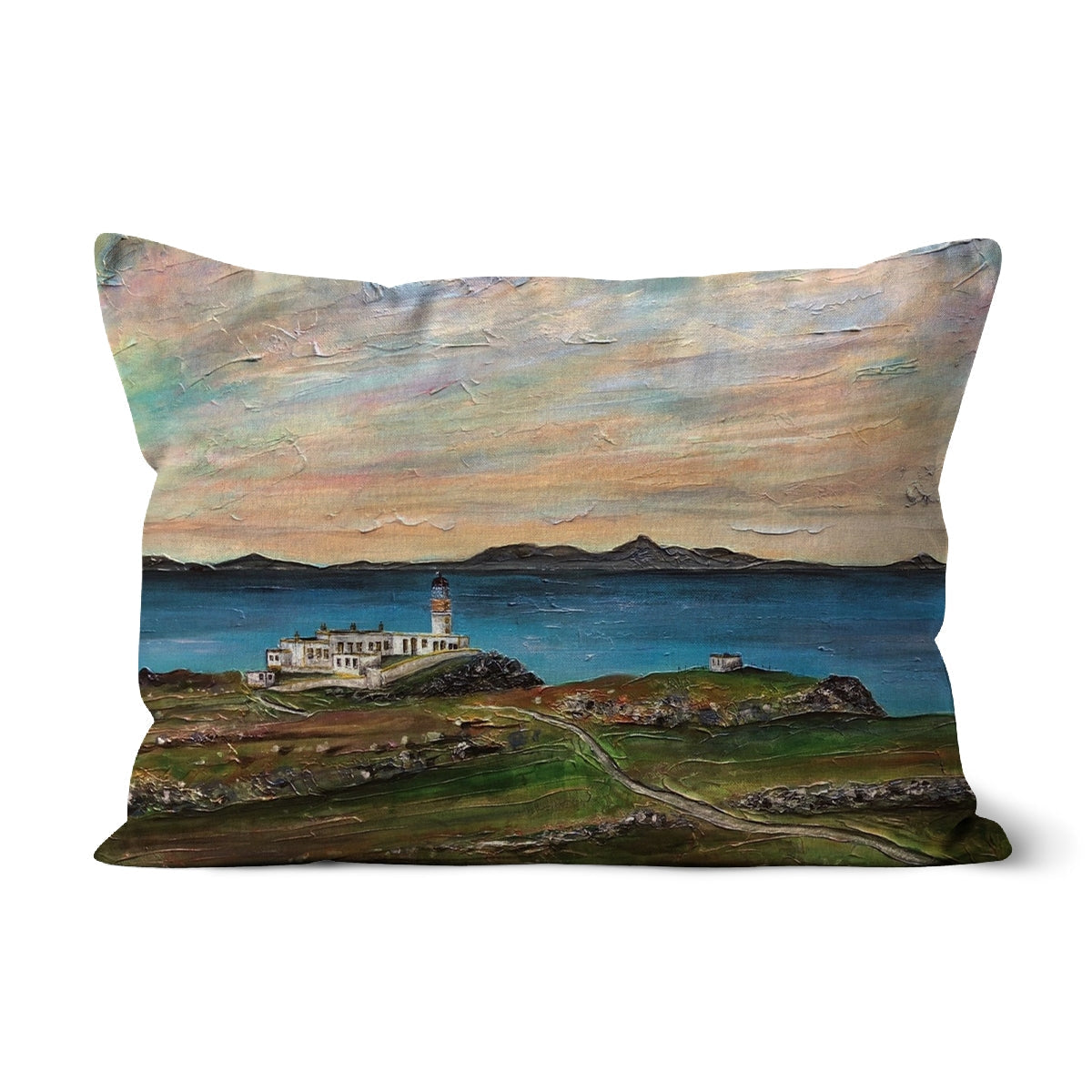 Rectangular throw pillow featuring a coastal landscape painting of Neist Point Lighthouse in Skye