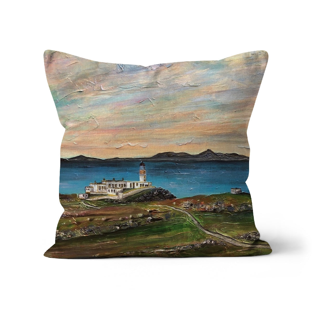 Decorative Neist Point Lighthouse Skye Cushion with painted landscape scene