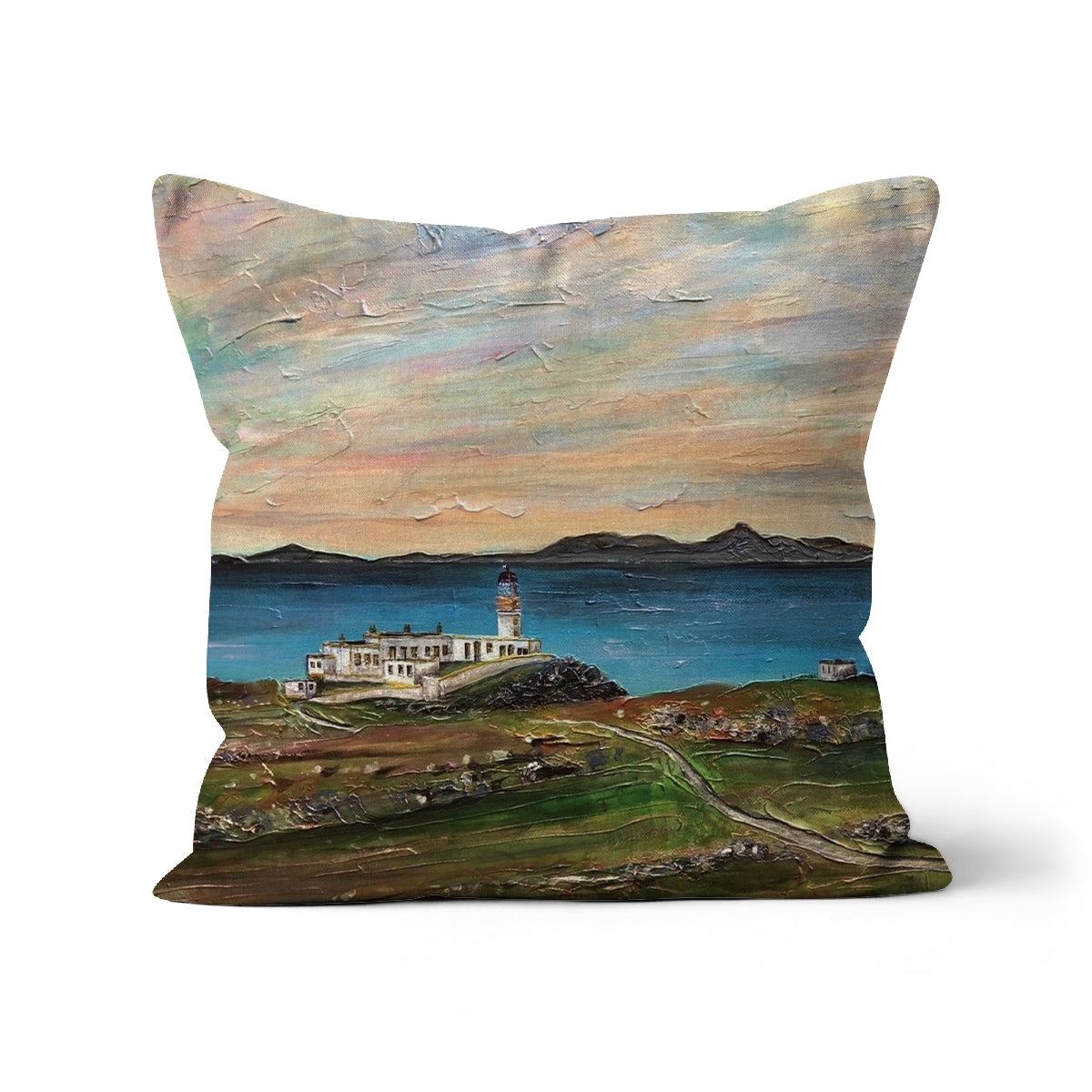 Decorative Neist Point Lighthouse Skye Cushion with oil painting-style sea landscape print