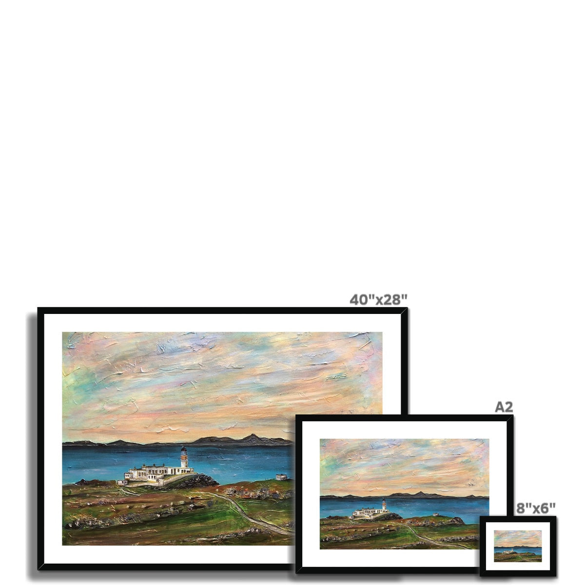 Framed landscape paintings of Neist Point Lighthouse Skye by the sea with colorful sky