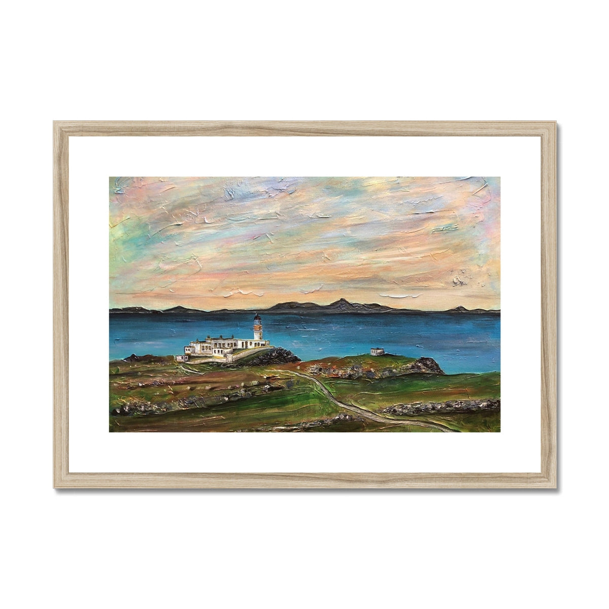 Framed coastal landscape painting of Neist Point Lighthouse Skye with sea and colorful sky