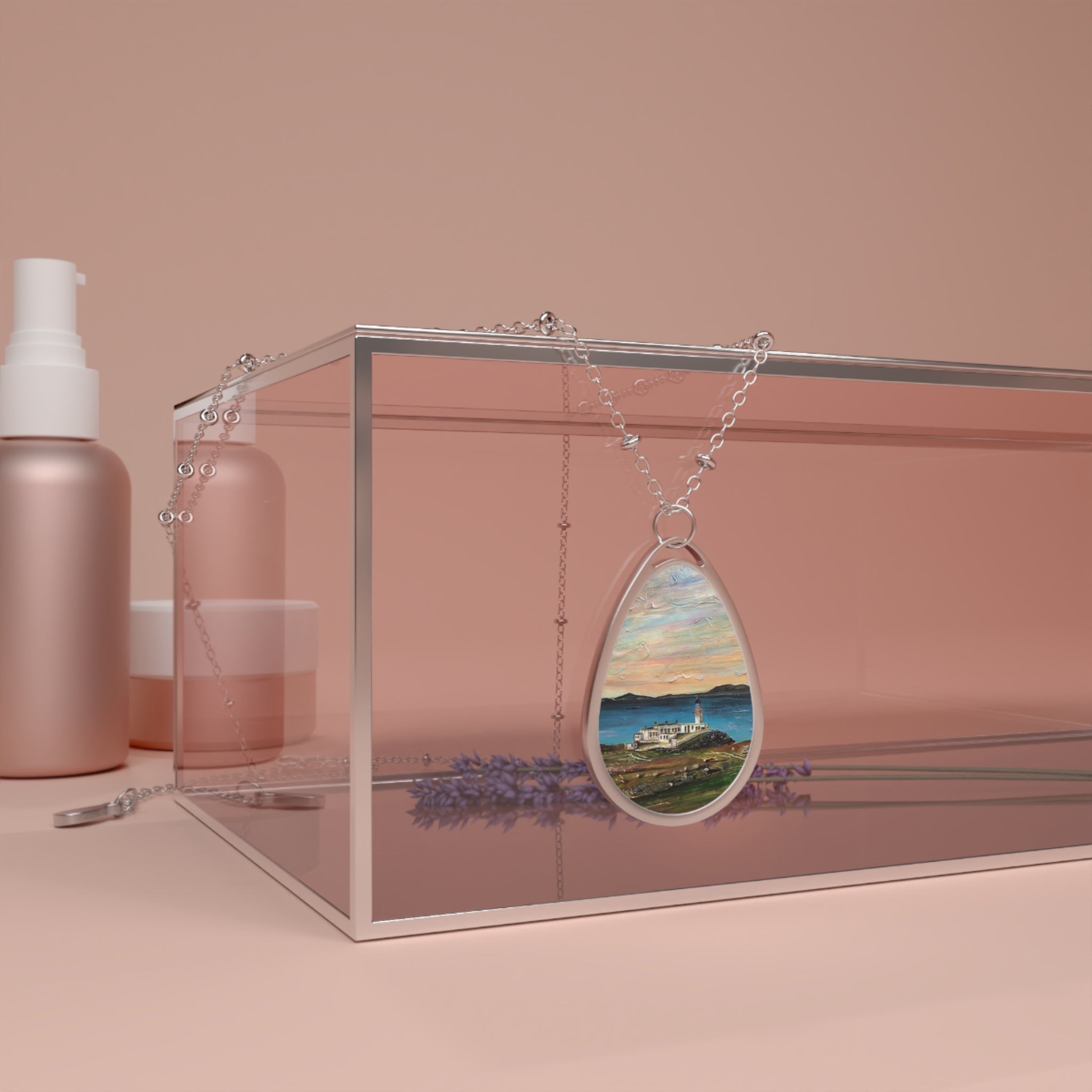 Silver teardrop pendant necklace with Alcatraz landscape art