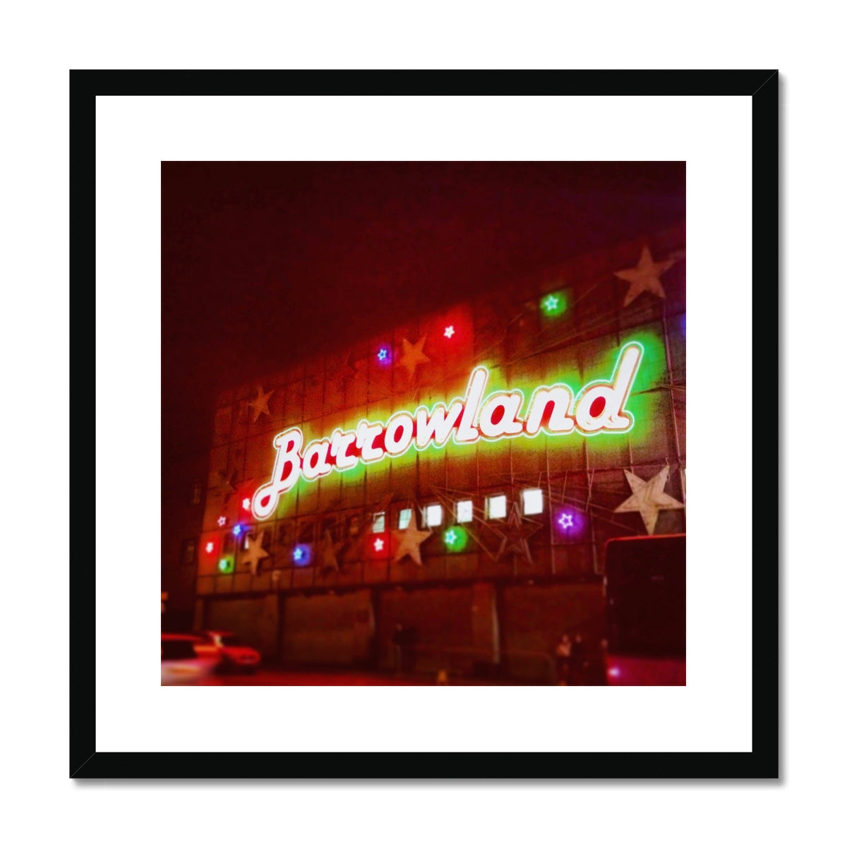 Framed print of illuminated Barrowland neon sign with colorful star lights