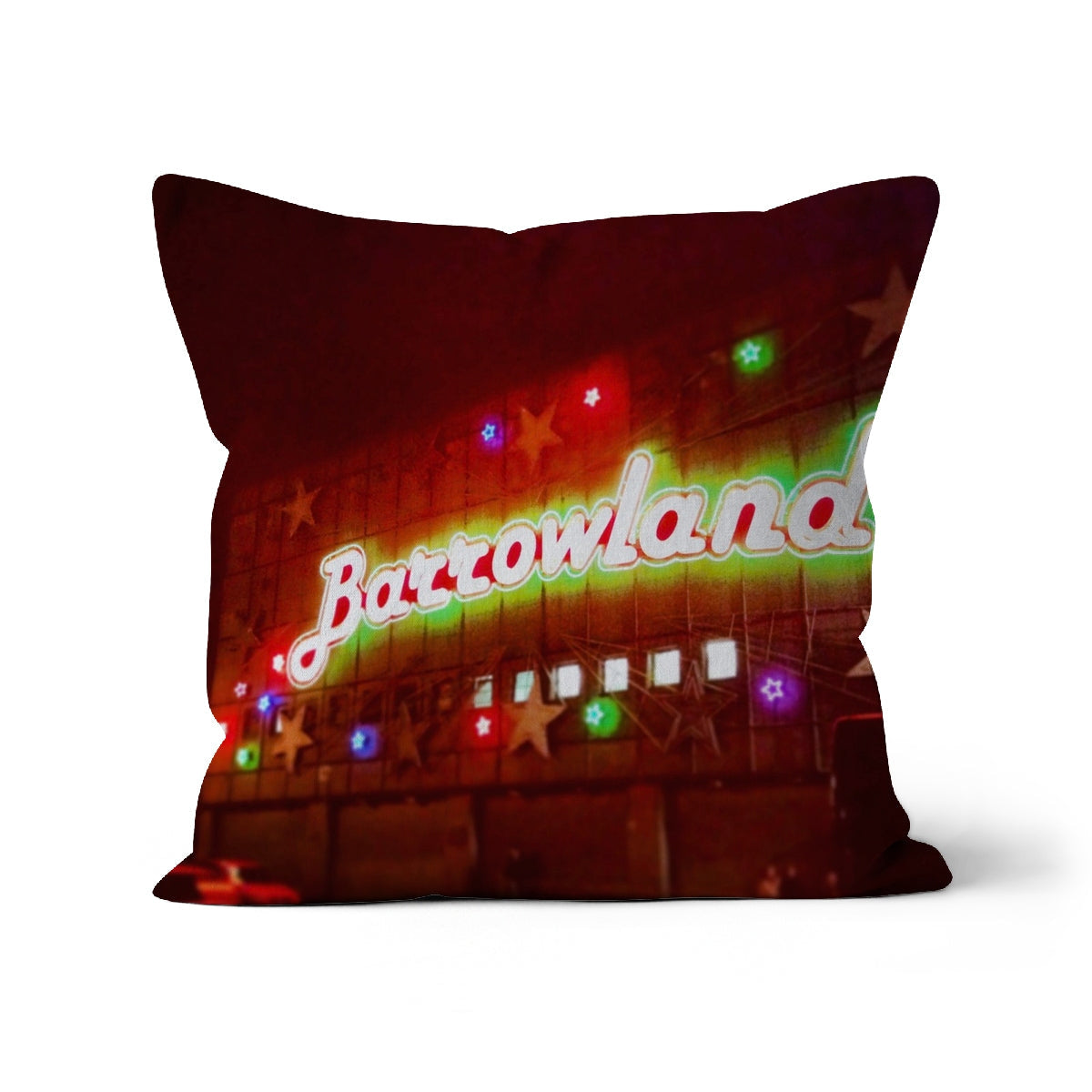 Neon Glasgow Barrowlands square throw pillow with vibrant glowing lights