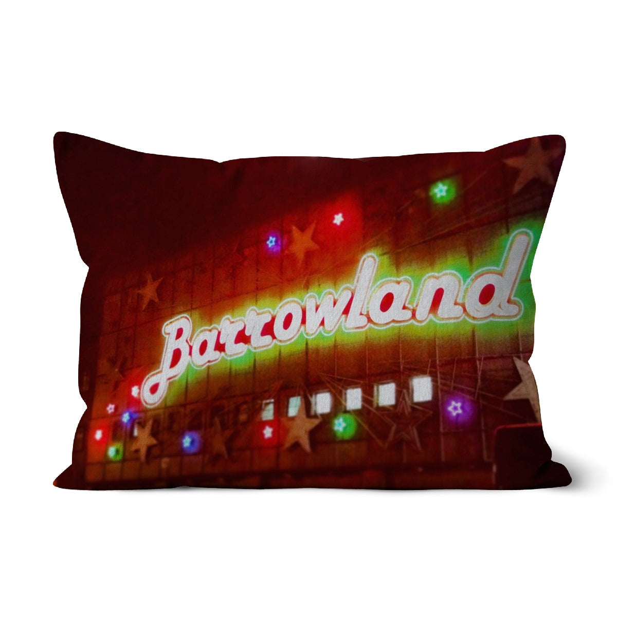 Vibrant neon Barrowlands pillow cushion with red, green, blue glow on dark background